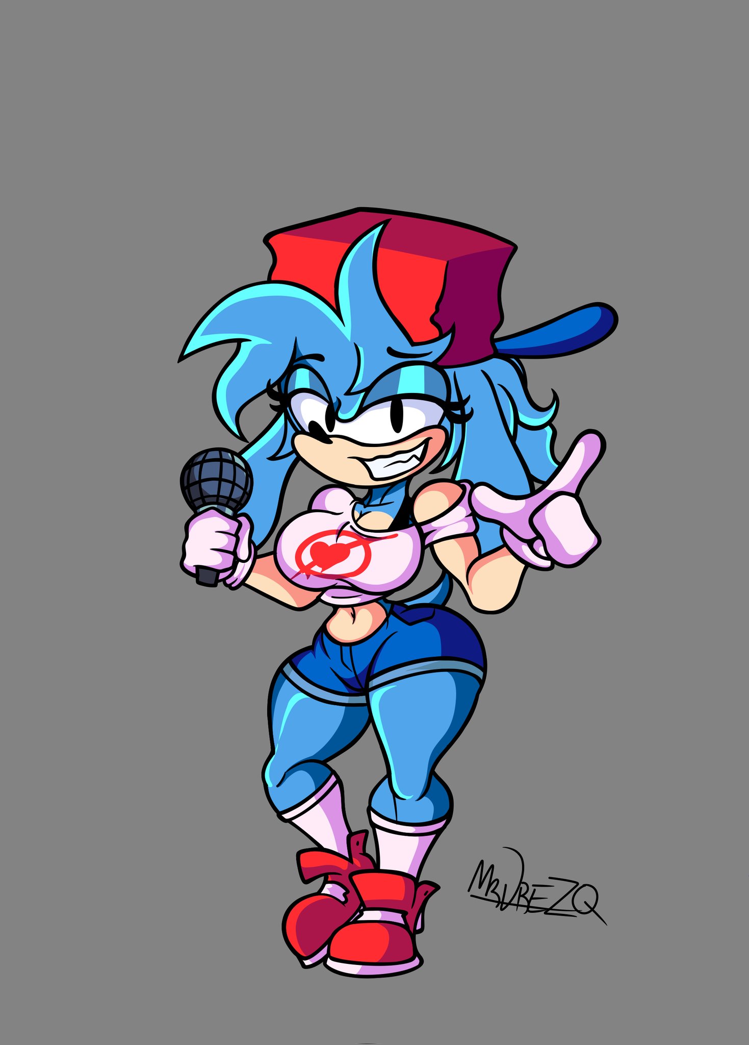 big thighs, blue body, blue fur, blue hair, boyfriend (friday night funkin), breasts, encore boyfriend (friday night funkin), female, female boyfriend (friday night funkin), friday night funkin, friday night funkin mod, microphone, mobian (species), mobian dog, mrdrezq, sega, small waist, solo, sonic (series), sonic the hedgehog (series), tail, tiny waist
