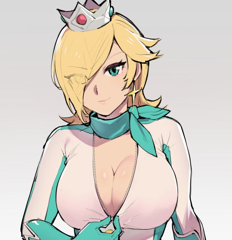 1girls big_breasts blonde_hair blue_eyes bodysuit breasts busty cleavage female female_only ge-b gebyy-terar hair_over_one_eye large_breasts lips long_hair looking_at_viewer mario_(series) mario_kart mightykow nintendo princess_rosalina smile solo teasing unzipped unzipping voluptuous