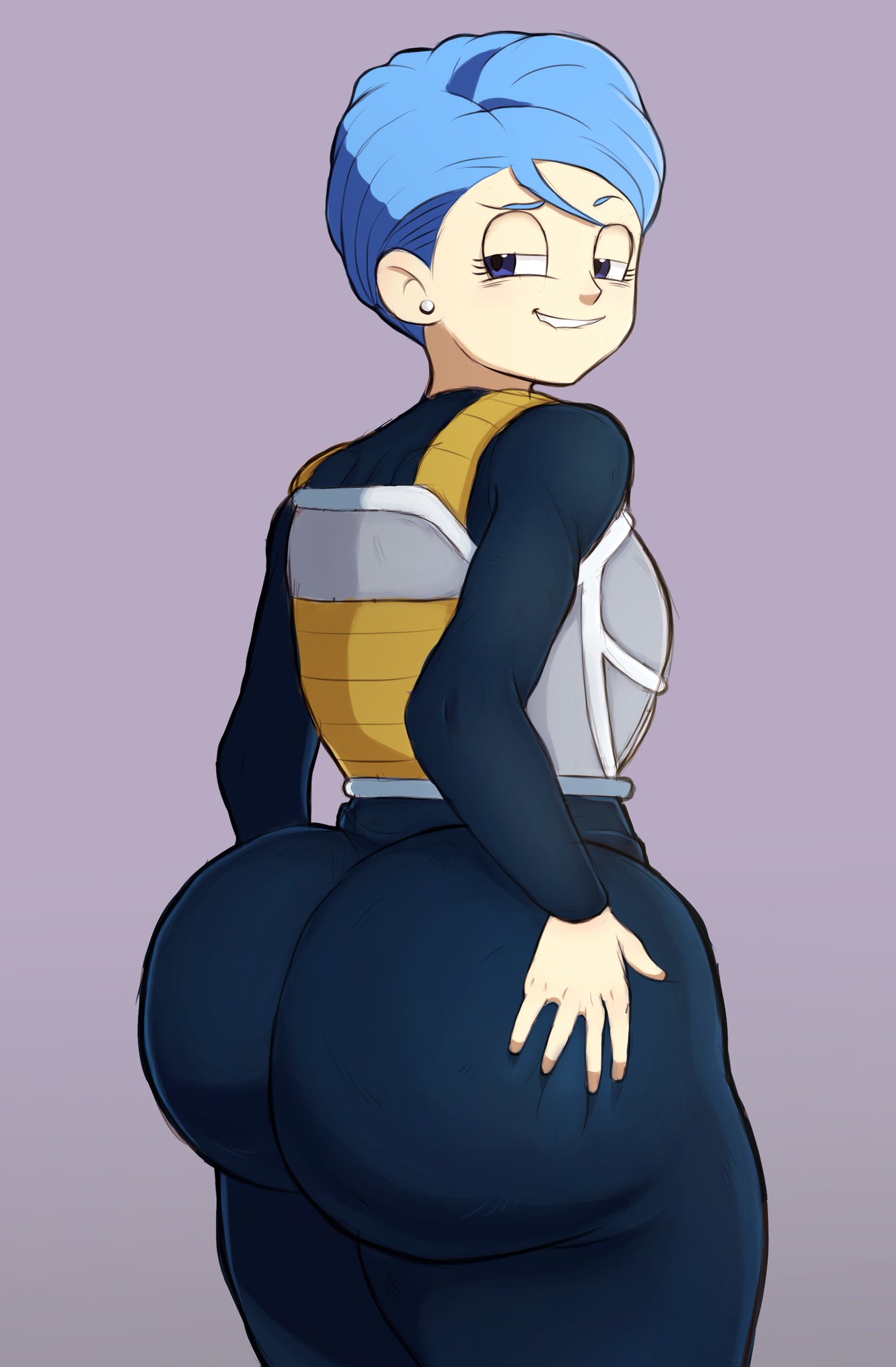 1girl 1girls absurdres armor ass ass_grab big_ass blue_bodysuit blue_eyes blue_hair bodysuit bubble_ass bubble_butt bulma_briefs curvy dragon_ball dragon_ball_super dragon_ball_z earrings grabbing_own_ass grey_background hand_on_own_ass highres huge_ass huge_butt jewelry lip_biting looking_back mature_female metalsplinter naughty_face saiyan_armor short_hair skin_tight solo thick_ass thick_thighs thighs vegeta_(cosplay) wide_hips