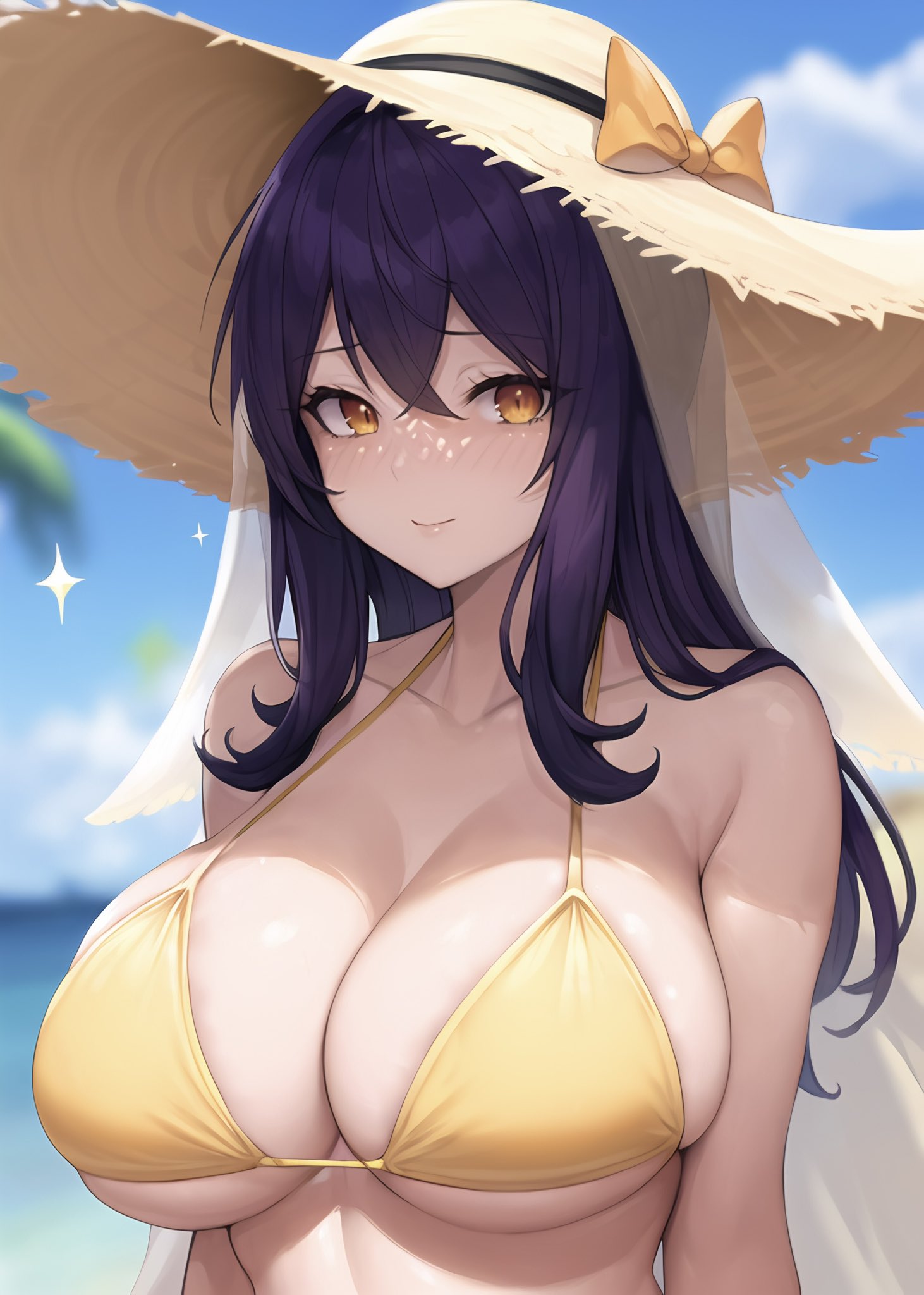 1girls, 2023, ai generated, big breasts, breasts, character request, copyright request, female, female focus, female only, high resolution, long hair, looking at viewer, purple hair, seductive look, stable diffusion, stuffyai, upper body, yellow bikini, yellow eyes