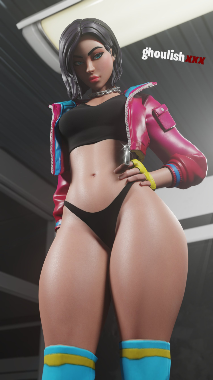 1girls bedroom_eyes chains female_only fingerless_gloves fortnite ghoulishxxx hands_on_hips jacket long_socks looking_down looking_down_at_viewer open_jacket panties pose posing rox_(fortnite) sports_bra tagme