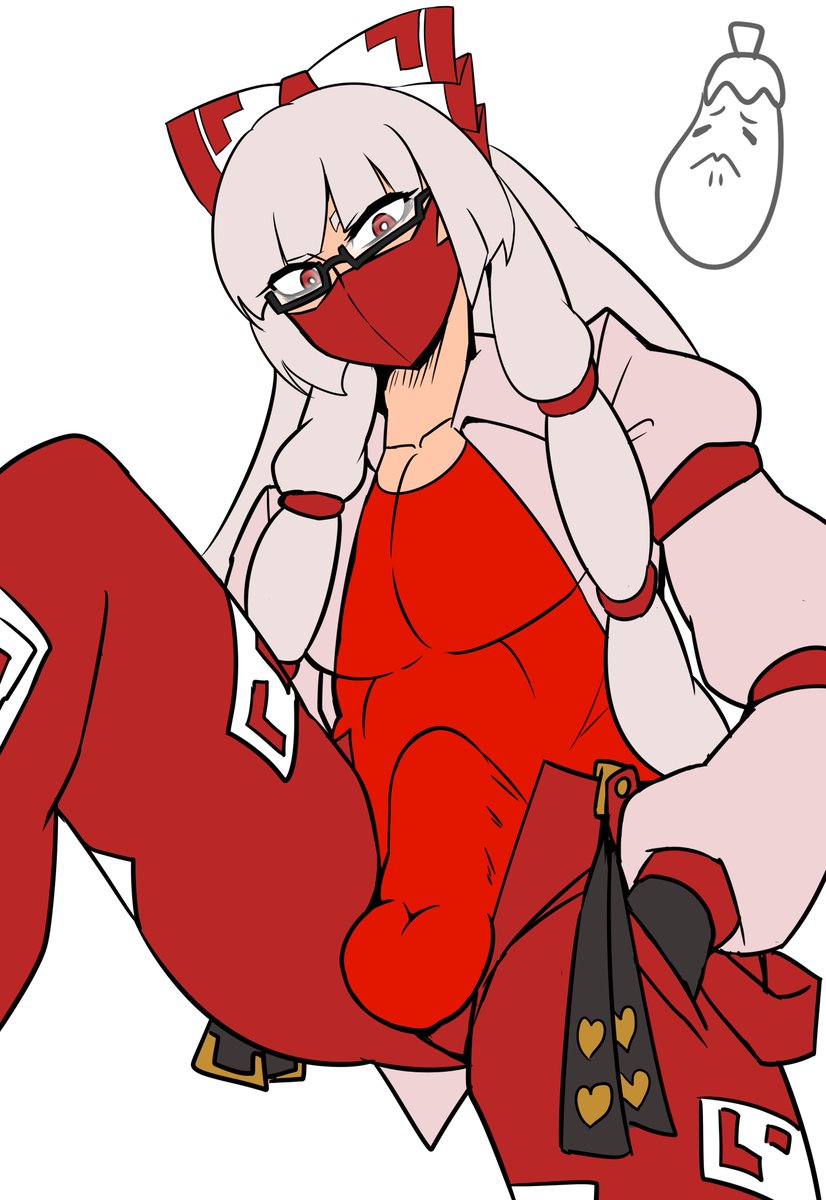 1futa eggplant face_mask fujiwara_no_mokou futa_only futanari glasses long_hair red_eyes reppx_ren touhou white_hair