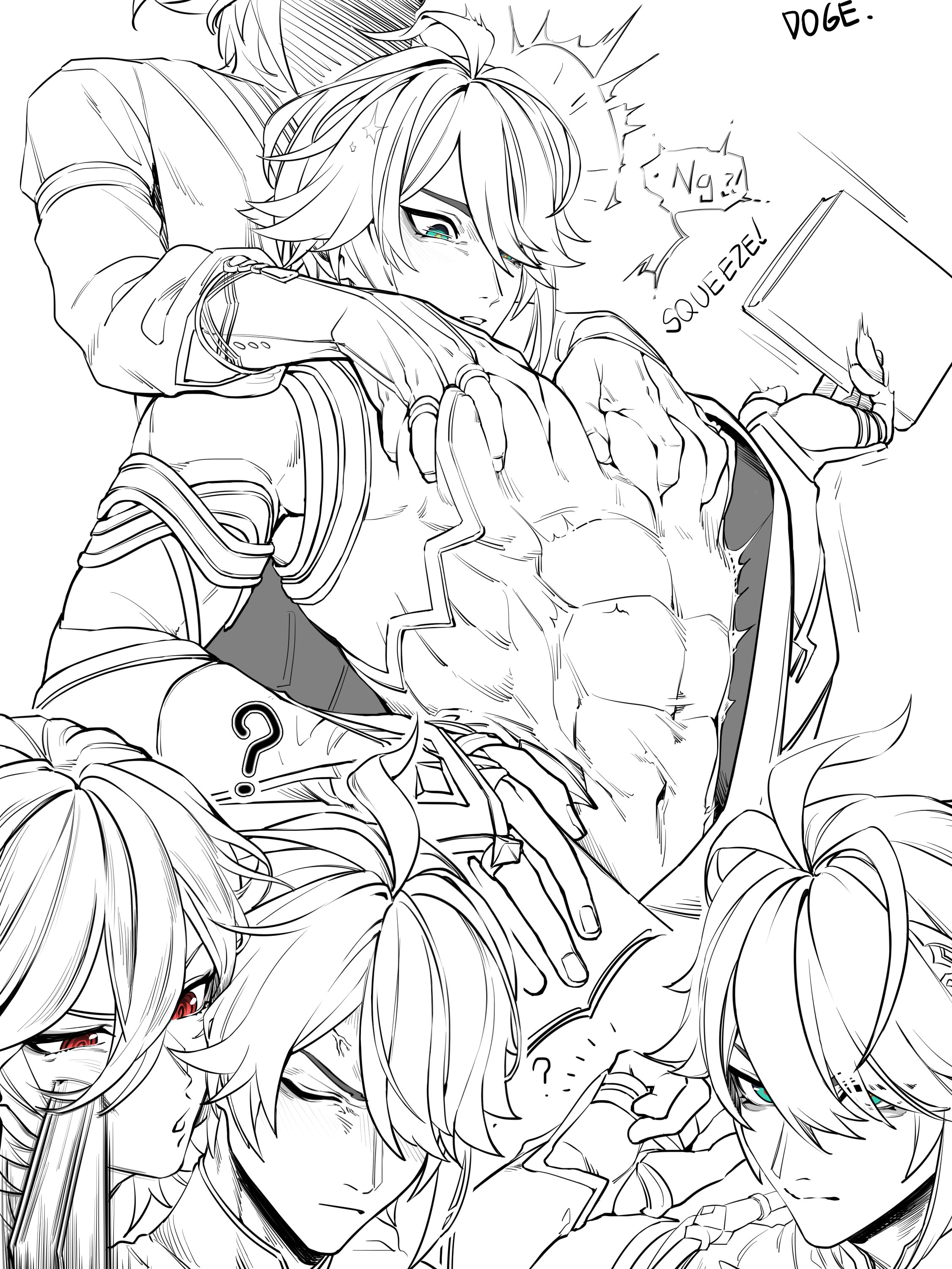 154 doge, 2boys, alhaitham (genshin impact), anger vein, annoyed, big chest, big pecs, book, breasts, embarrassed, genshin impact, green eyes, hands on breasts, huge pecs, kaveh (genshin impact), male, male breasts, male only, male with breasts, red eyes, squeezing breast, surprised, surprised expression, yaoi