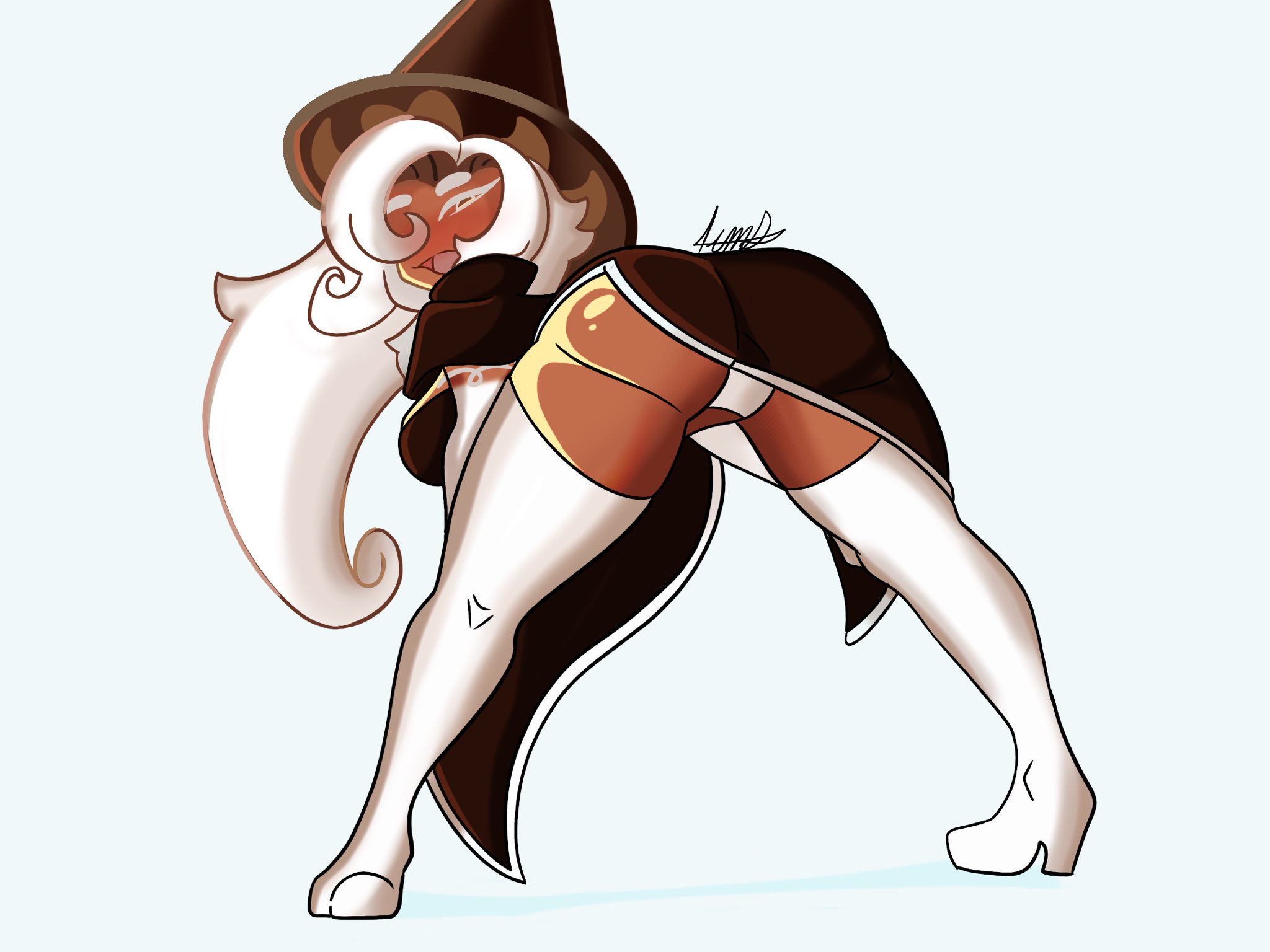 1girls, ass, bent over, big ass, breasts, clothing, cookie run, dark skin, dark-skinned female, female, female only, hair over one eye, hat, heel boots, latte cookie (cookie run), looking at viewer, looking back, panties, solo, umd studio, white hair