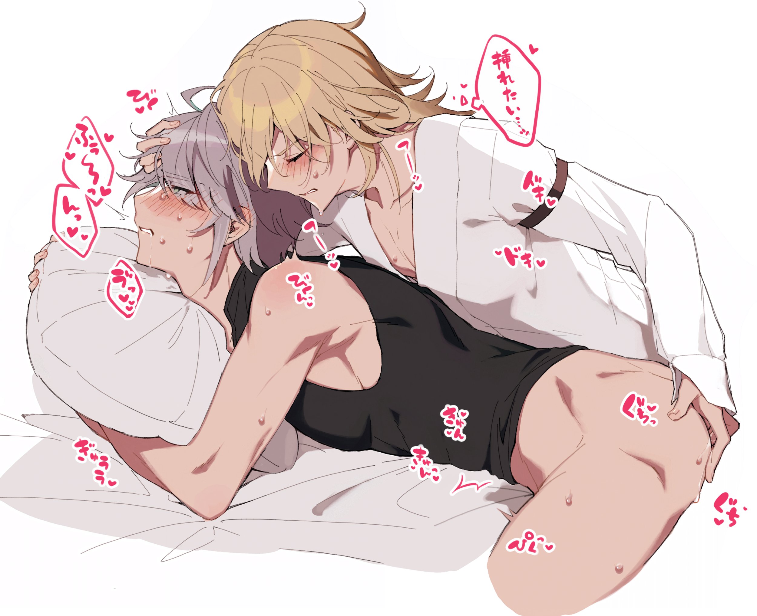 2boys, alhaitham (genshin impact), blonde hair, fingering, gay, genshin impact, kaveh (genshin impact), male, male only, mt gnsn, silver hair, yaoi