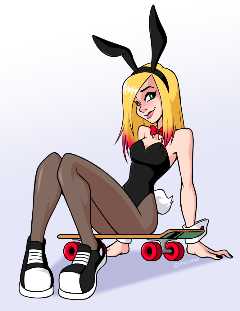 1girls blonde blonde_female blonde_hair bold-n-brash breasts bunny_ears bunny_outfit female female_only green_eyes light-skinned_female light_skin long_hair sk8r_girl_(bold-n-brash) skateboard skinny solo