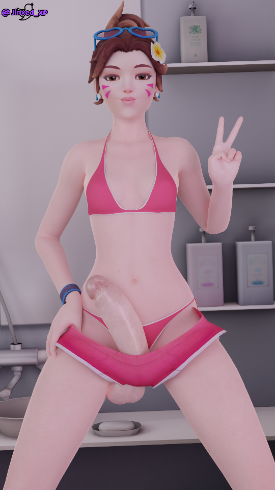 3d balls_slip big_balls big_penis clothed d.va dick_slip futa_only futanari hung_futanari jinxed_xp overwatch peace_sign solo solo_futa wardrobe_malfunction