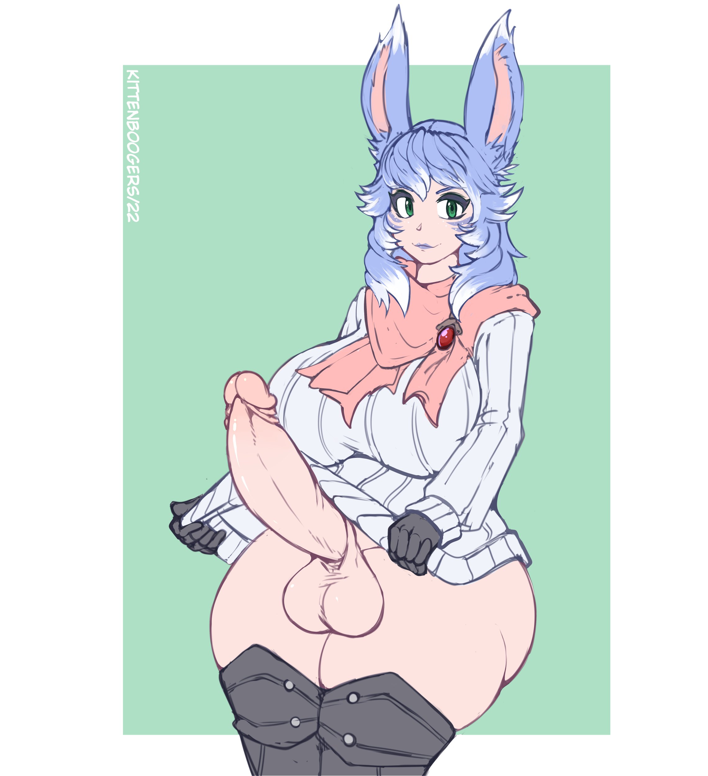 1futa, 2022, animal ears, balls, big balls, big breasts, blue hair, blue lipstick, bottomless, breasts, bunny ears, bunny girl, clothed, clothing, curvy, erection, female, final fantasy, final fantasy xiv, futa only, futanari, green eyes, horny, huge cock, humanoid, humanoid penis, intersex, kemonomimi, kittenboogers, large breasts, light skin, light-skinned futa, lipstick, long hair, mostly clothed, original character, penis, scarf, shirt pull, solo, standing, sweater, thick thighs, thighhighs, two-tone hair, viera, white hair, wide hips