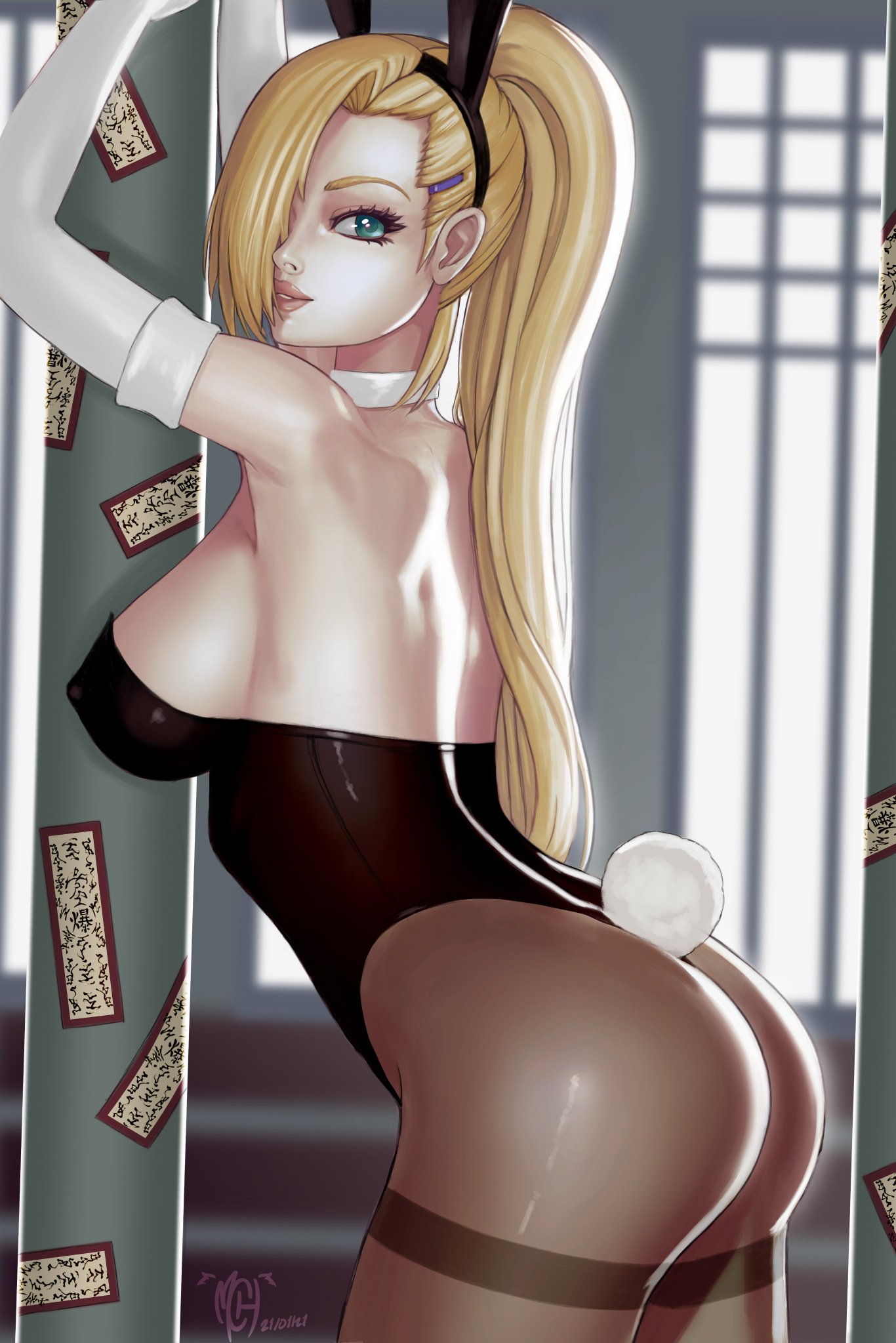 1girls, aqua eyes, arched back, ass, asymmetrical hair, backless outfit, big ass, blonde ponytail, boruto: naruto next generations, breasts, bunny ears, bunny girl, bunny tail, bunnysuit, cleavage, detached collar, fake animal ears, fake tail, female, female only, from behind, gloves, hair covering eye, hair ornament, hair over one eye, hairclip, happy female, ino yamanaka, large ass, leotard, light blue eyes, long hair, long ponytail, looking at viewer, mrcorvus, naruto, naruto (series), no bra, pantyhose, parted lips, perky breasts, revealing clothes, round ass, seal, sideboob, solo, solo focus, very long hair