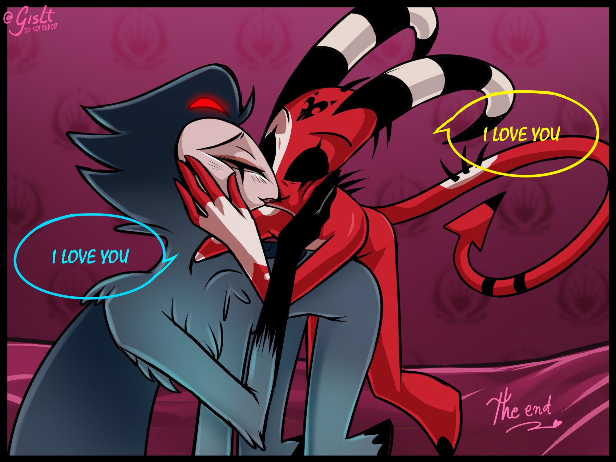 2boys, anal, bent over, blitzo (helluva boss), comic, demon, dialogue, feathers, gay, gislt, helluva boss, horns, imp, kissing, male, on all fours, on knees, owl demon, penetration, speech bubble, stolas (helluva boss), stolitz, wholesome, wholesome sex, yaoi