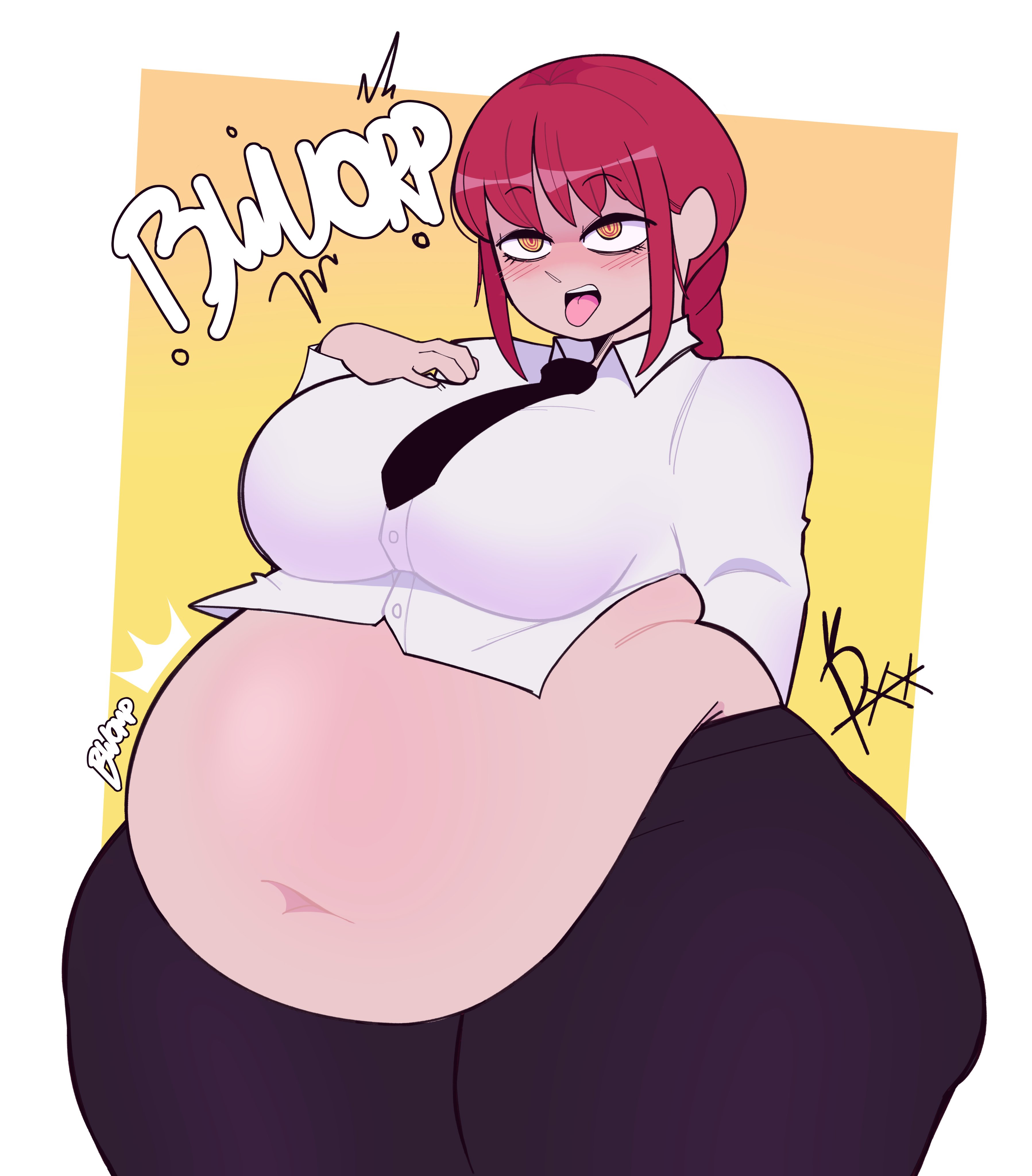 belch, belching, belly expansion, big belly, breasts, burp, burp fetish, burping, chainsaw man, fat, female, huge thighs, makima (chainsaw man), obese female, overweight, pink poison67, tagme, weight gain