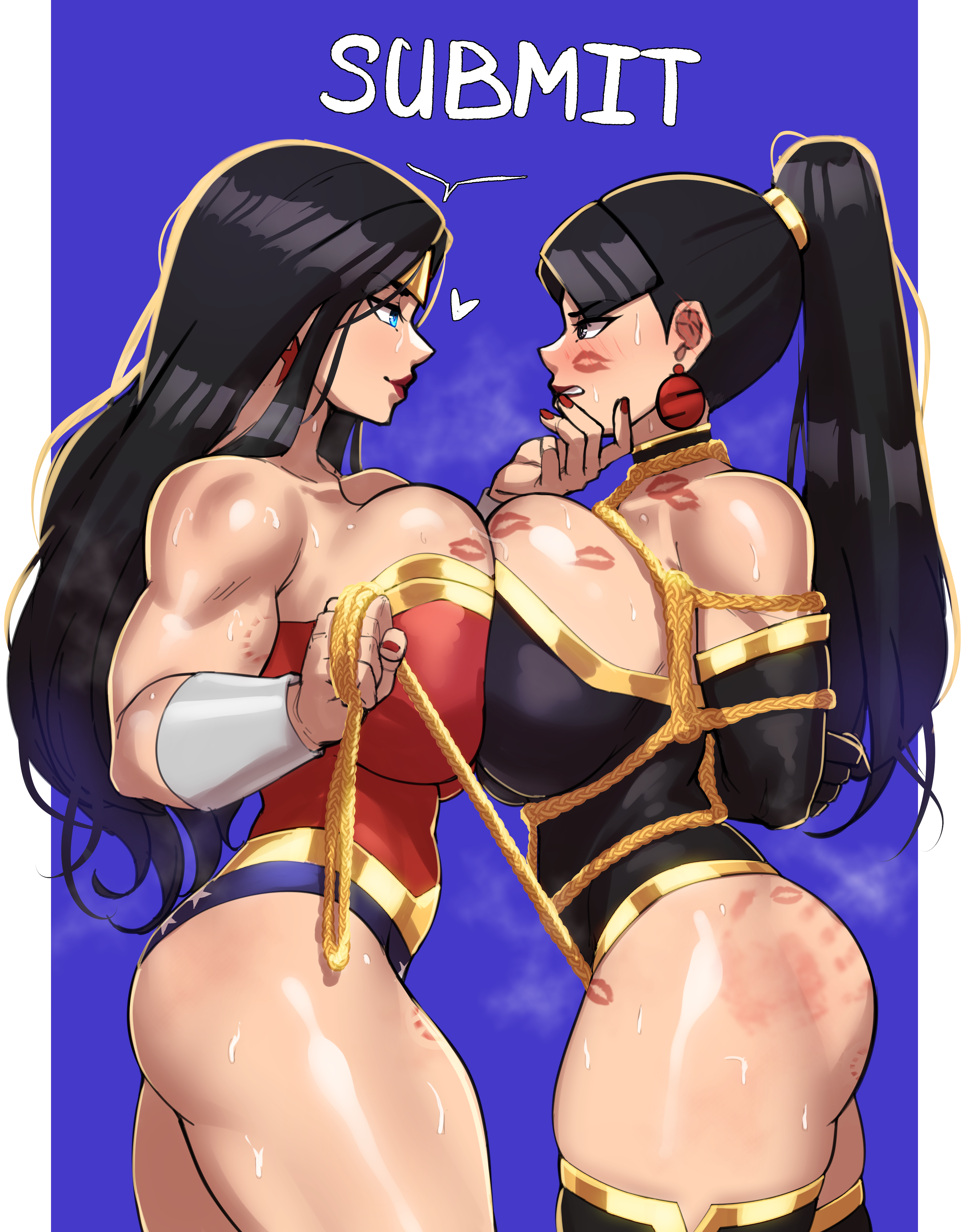 2d, 2girls, absurd res, aestheticc-meme, ass, big ass, big breasts, black hair, bondage, bound, breasts, canon fetish, crime syndicate, dc, dc comics, diana prince, female, female only, femdom, femsub, hi res, huge breasts, justice league, justice league: crisis on two earths, kiss mark, lasso of truth, lezdom, lezsub, lipstick mark, lots of lipstick marks, multiple females, multiple girls, muscular, muscular female, muscular sub, ponytail, rope bondage, spank marks, superwoman, superwoman (mary batson), wonder woman, wonder woman (series), yuri