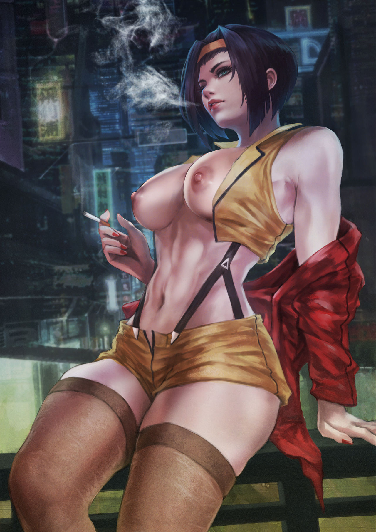 1girls abs big_breasts breasts breasts_out cowboy_bebop faye_valentine female green_eyes hairband human large_breasts looking_away monorirogue nail_polish navel nipples pale-skinned_female pale_skin purple_hair pushup_bra short_hair short_shorts smoking suspenders thighhighs