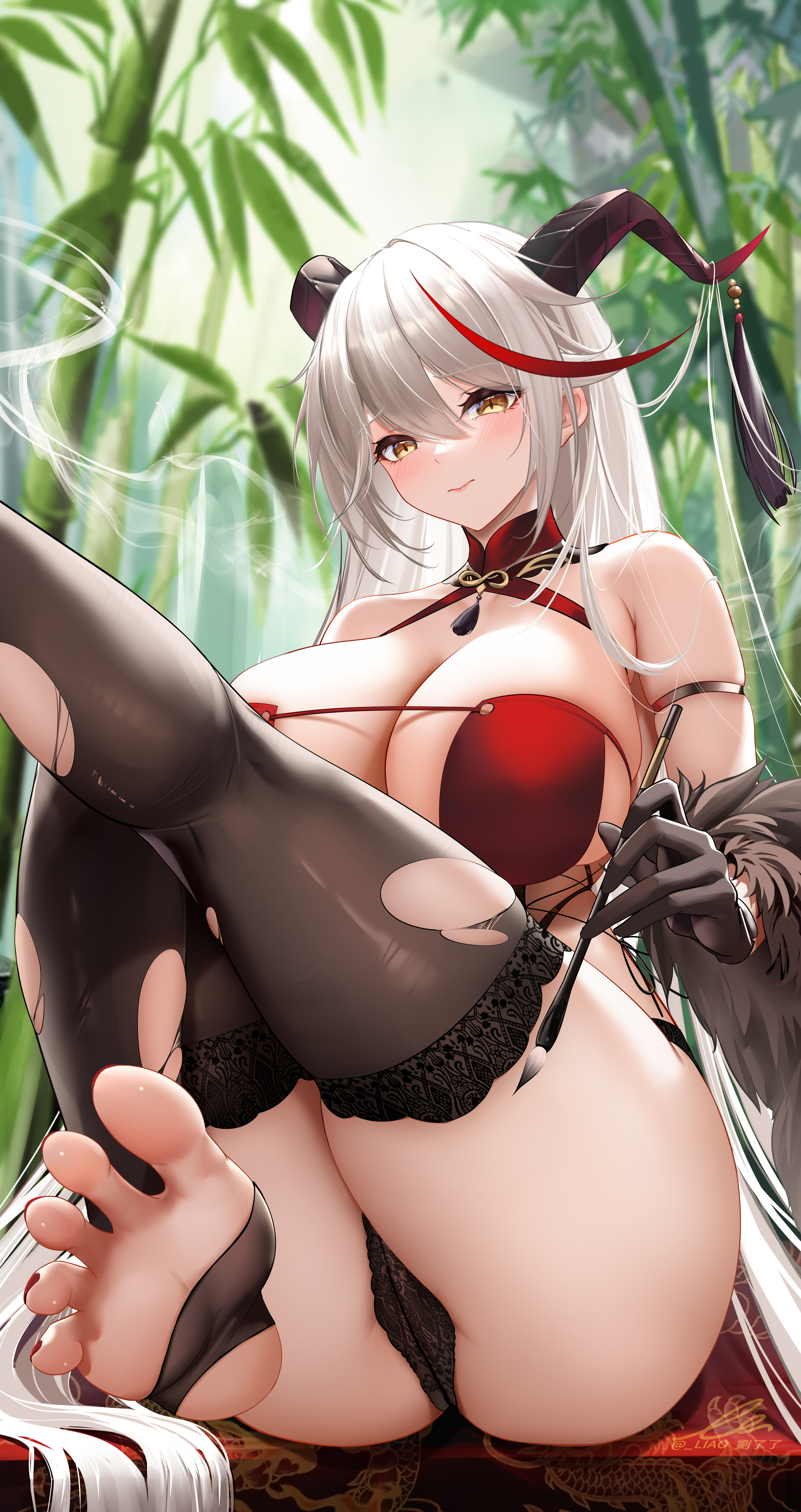 1girls, aegir (azur lane), ass, azur lane, barefoot, big ass, blush, breasts, cleavage, clothed, clothed female, demon, demon girl, detailed background, feet, female, female focus, female only, foot fetish, foot focus, hair, hair between eyes, hair ornament, high resolution, highres, holding object, horn, horns, large breasts, legs, light skin, light-skinned female, liu liaoliao, long hair, looking at viewer, multicolored hair, outside, panties, pose, shy, sitting, soles, solo, solo female, stirrup legwear, stirrups, stockings, succubus, thick thighs, thighhighs, toes, torn pantyhose, twintails, white hair, yellow eyes