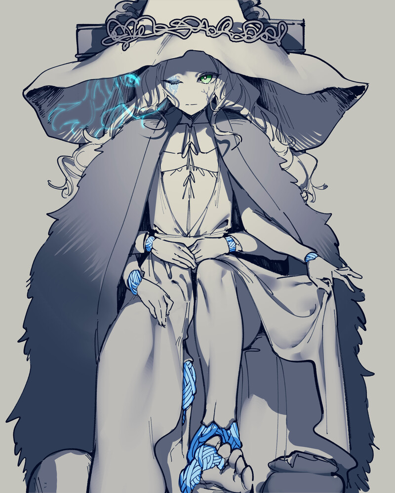 4 arms, clothing, doll, dress, dress lift, elden ring, feet, female, humanoid, long hair, mirin chikuwa, multi arm, multi eye, multi face, multi limb, one eye closed, ranni the witch, witch hat