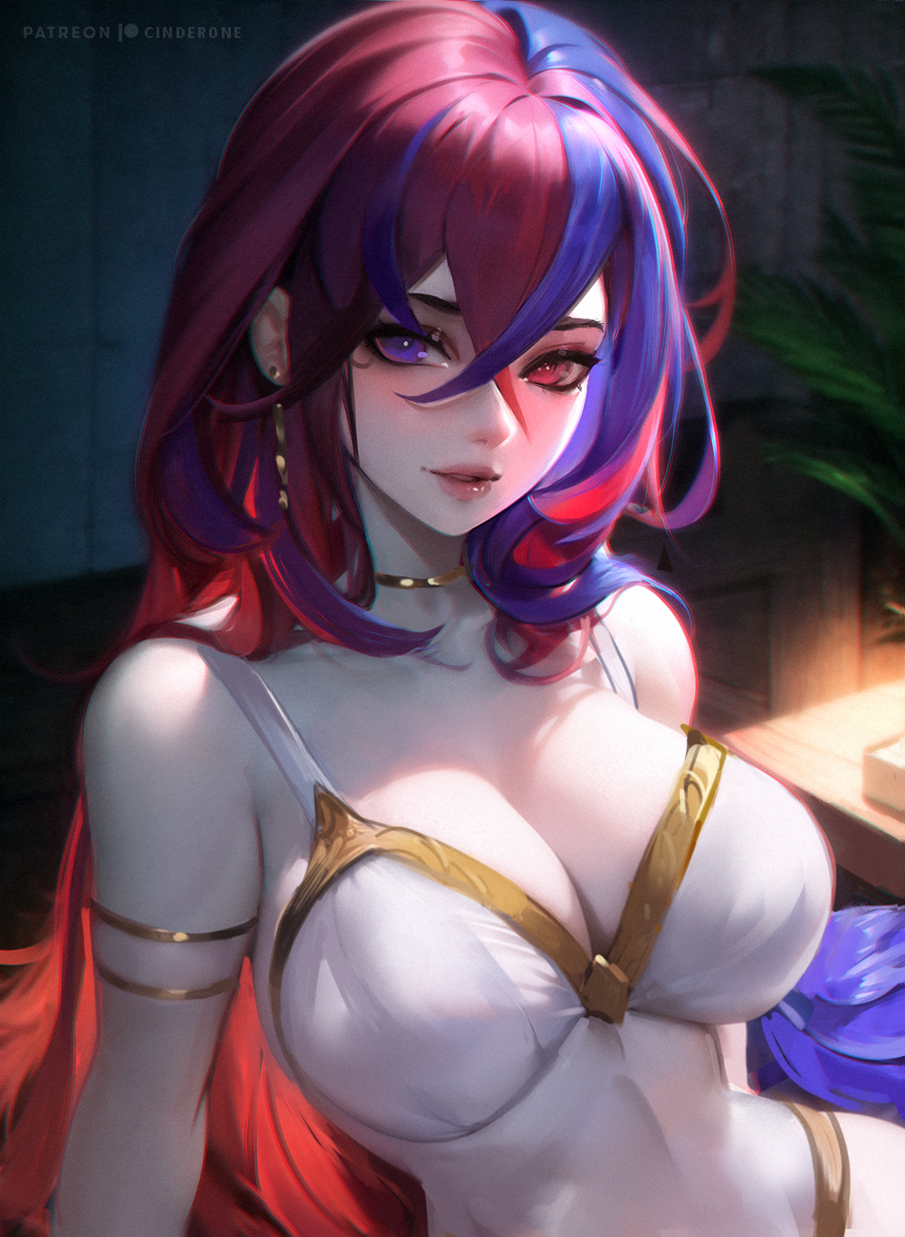1girls, alear (fire emblem), alear (fire emblem) (female), bangs, blue eyes, blue hair, breasts, choker, cinderone, cleavage, crossed bangs, earrings, female, female only, fire emblem, fire emblem engage, hair between eyes, heterochromia, highres, jewelry, large breasts, lips, long hair, looking at viewer, multicolored hair, nintendo, red eyes, red hair, solo, split-color hair, very long hair