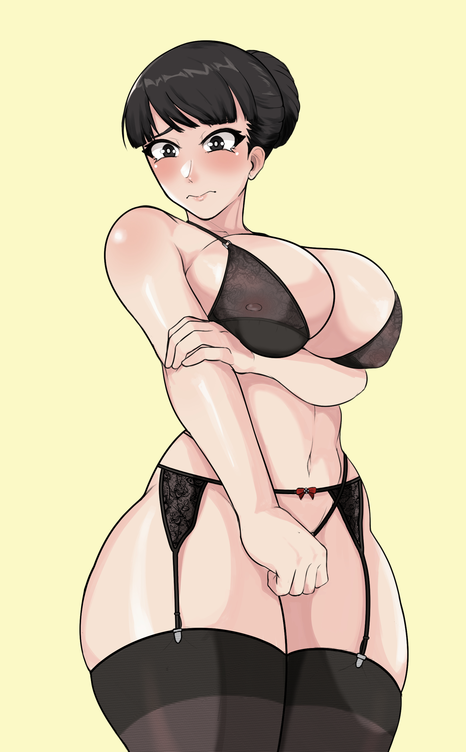 1girls, aged up, amagi yukiko, big breasts, black thighhighs, blush, breasts, commission, embarrassed, female, garter belt, garter straps, milf, milfification, older female, persona, persona 4, see-through bra, see-through clothing, sieroo, solo, solo female, solo focus, thick thighs, voluptuous