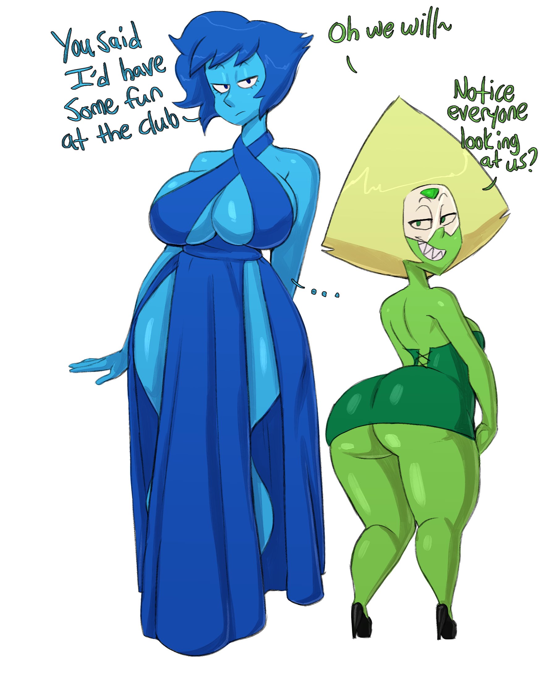 ..., 2girls, ass, bare shoulders, big ass, big breasts, big butt, blue body, blue eyes, blue hair, blue skin, boob window, breasts, cartoon network, cleavage, clothed, clothing, dialogue, dress, duo, english text, female, female only, gem (species), green eyes, green skin, grey body, guillion (toshkarts), high heels, lapis lazuli (steven universe), large ass, large breasts, looking at viewer, looking back, peridot (steven universe), presenting, sharp teeth, shoes, short hair, shortstack, sideboob, simple background, smile, standing, steven universe, text, voluptuous, white background, wide hips