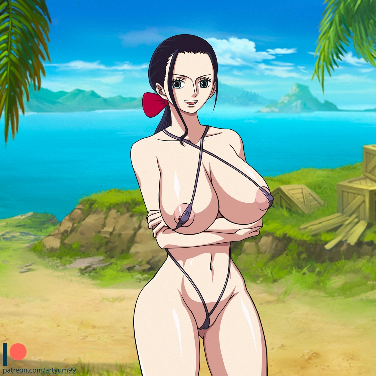 1girls, areolae, arms under breasts, artyum99, barely clothed, bikini, black hair, black-haired female, blue sky, breasts, breasts bigger than head, dark hair, female, female only, hair ornament, large breasts, light skin, light-skinned female, looking at viewer, micro bikini, navel, nico robin, nipple slip, nipples, ocean, one piece, outdoors, pink nipples, post-timeskip, shiny breasts, skimpy bikini, solo female, swimsuit, tagme, voluptuous female