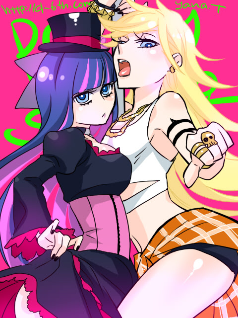 2girls, angel, black panties, censored, female, female only, long hair, panties, panty & stocking with garterbelt, panty anarchy, stocking anarchy, upskirt, yellow hair
