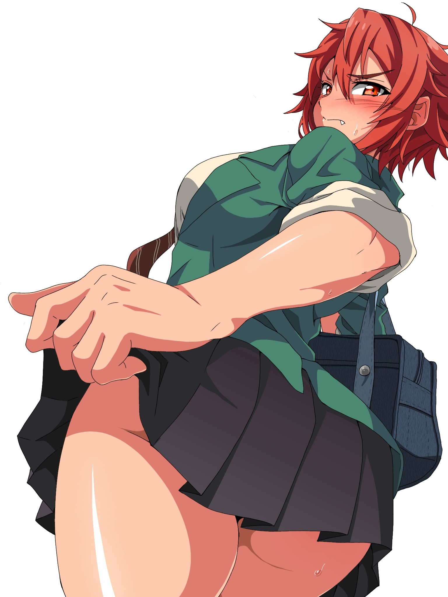 1girls, aizawa tomo, angry, ass, bag, big ass, big butt, blush, blush lines, blushing, blushing at viewer, breasts, covered nipples, covering breasts, fang, fang out, fat ass, feet out of frame, female, female only, hair between eyes, large ass, large breasts, large butt, light skin, light-skinned female, looking at viewer, looking back, red body, red eyes, red hair, redhead, ryohei 29, school uniform, schoolgirl, schoolgirl uniform, short hair, skirt, skirt lift, solo, solo female, solo focus, tied, tomboy, tomo-chan wa onna no ko, white background