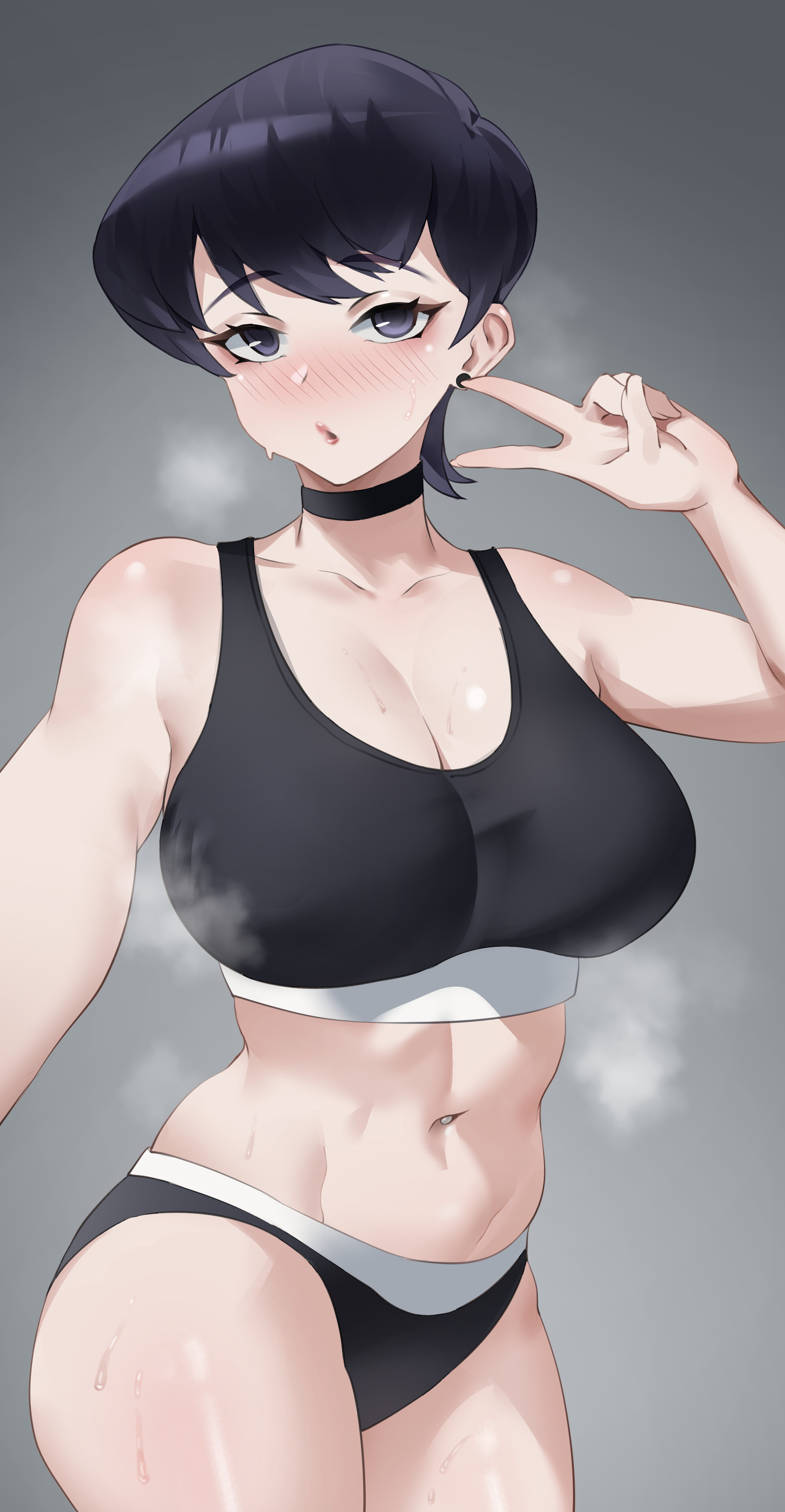 1girls, 2023, absurdres, alternate version available, black choker, black hair, black panties, black sports bra, blush, breasts, choker, cleavage, female, grey background, grey eyes, highres, komi shuuko, komi-san wa komyushou desu, large breasts, looking at viewer, mature, mature female, mentha, milf, navel, panties, parted lips, peace sign, short hair, solo, sports bra, steaming body, steamy breath, stomach, sweatdrop, underwear, v