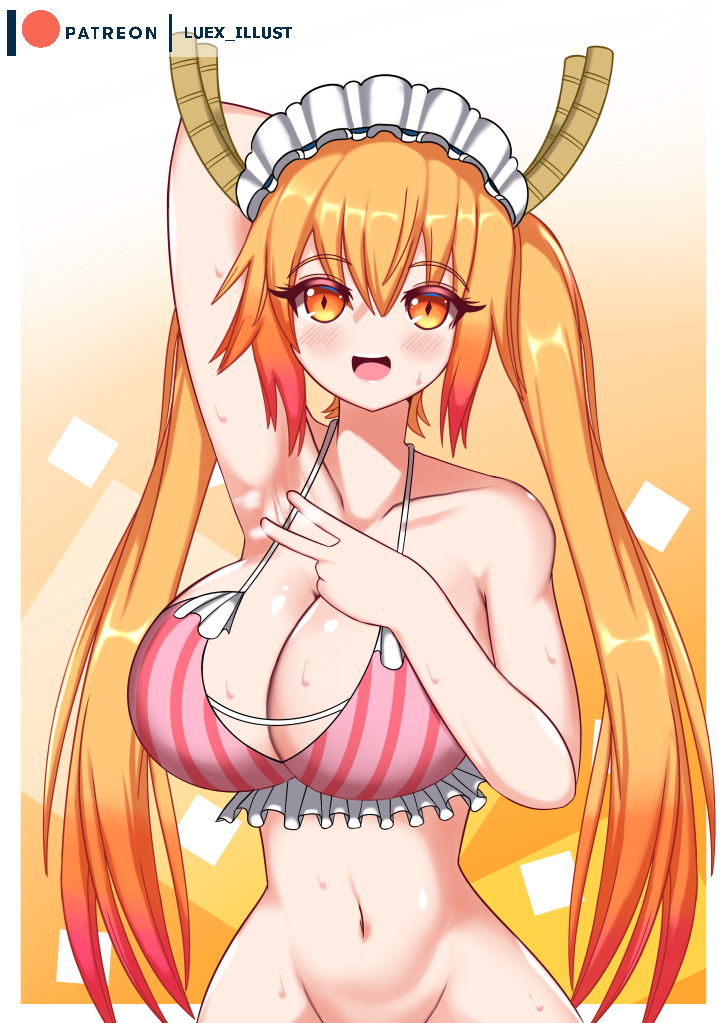 1girls armpit_fetish armpit_spread armpits big_breasts bikini blonde_hair dragon_girl dragon_horns dragon_tail light-skinned_female luex maid_headdress miss_kobayashi's_dragon_maid monster_girl orange_eyes striped_bikini swimsuit tohru_(dragon_maid) twintails