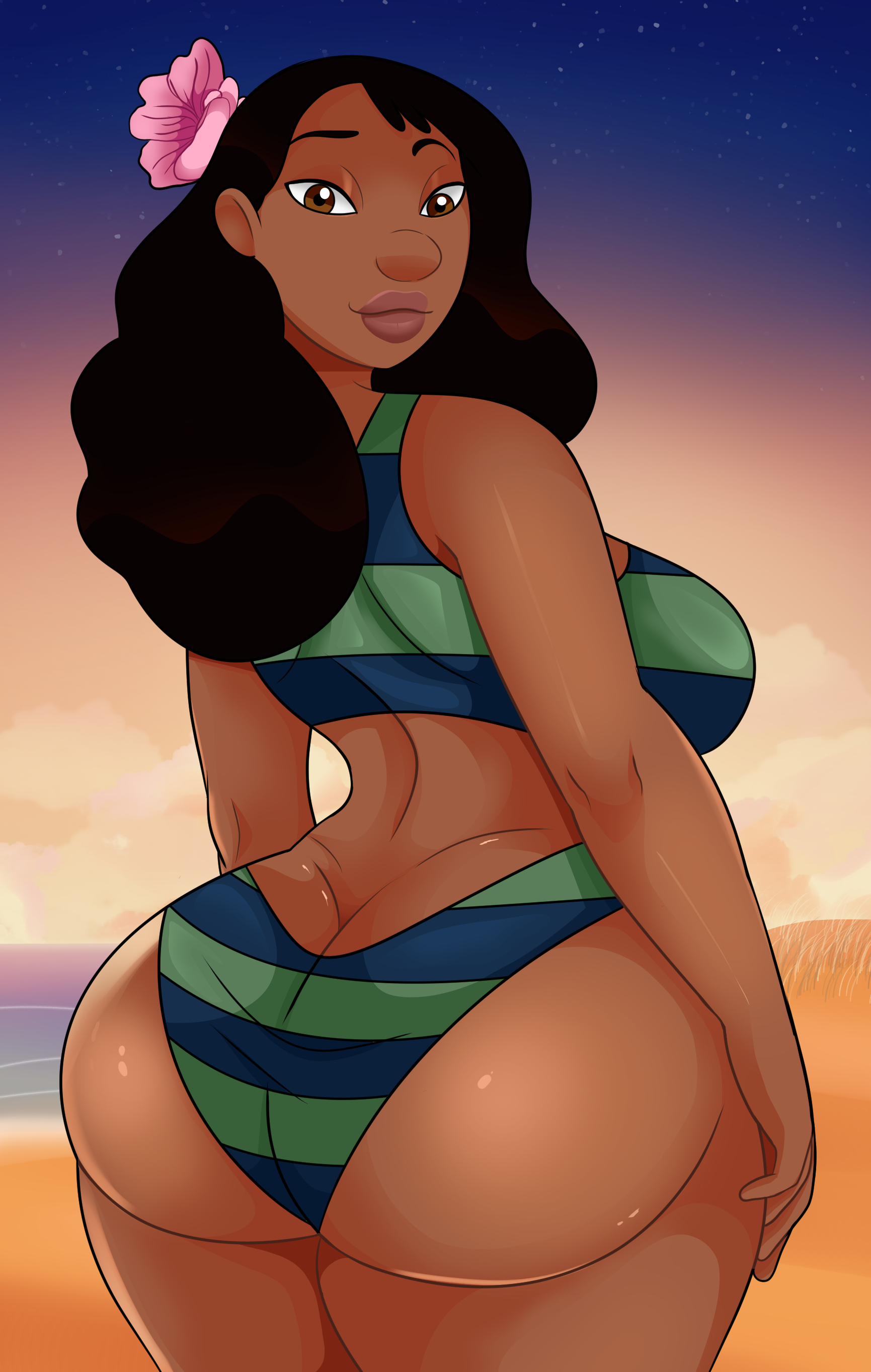 1girls, ass, ass cleavage, ass crack, bare shoulders, beach, big ass, big breasts, big butt, bikini, black hair, breasts, brown eyes, butt crack, cleavage, clothing, dark skin, dark-skinned female, disney, female, female only, flower, flower in hair, huge ass, large ass, large breasts, lilo and stitch, long hair, looking at viewer, looking back, nani pelekai, ocean, rear view, seaside, sideboob, smile, solo, solo female, sonson-sensei, standing, starry sky, sunset, thick thighs, twilight, voluptuous, wide hips
