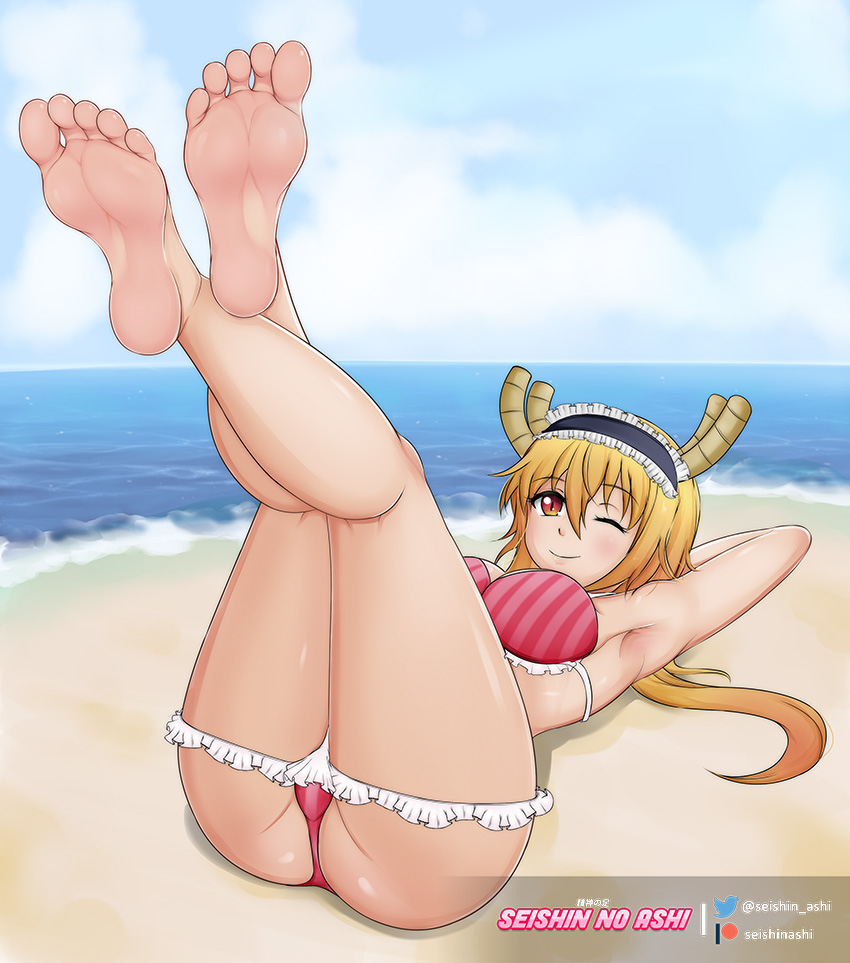 1girls barefoot beach big_breasts bikini blonde_hair dragon_girl dragon_horns dragon_tail feet feet_up foot_fetish light-skinned_female maid_headdress miss_kobayashi's_dragon_maid monster_girl orange_eyes seishinashi striped_bikini swimsuit toes tohru_(dragon_maid) twintails