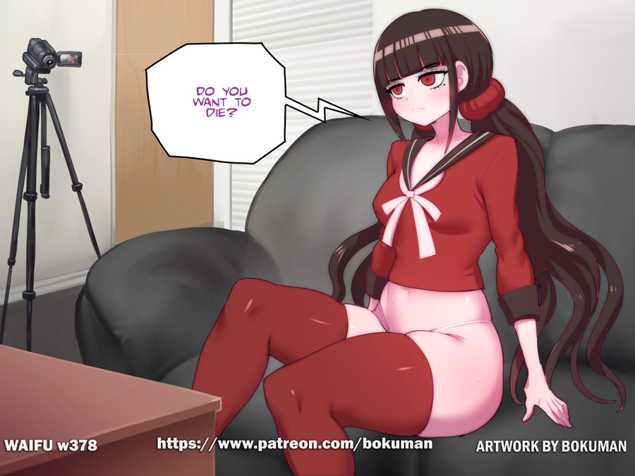 1girls, bokuman, breasts, brown hair, casting couch, color, danganronpa, danganronpa v3, english text, female, female only, harukawa maki, interview, long hair, no pants, panties, red thighhighs, small breasts, solo, straight hair, text, text bubble, thick thighs, thighhighs