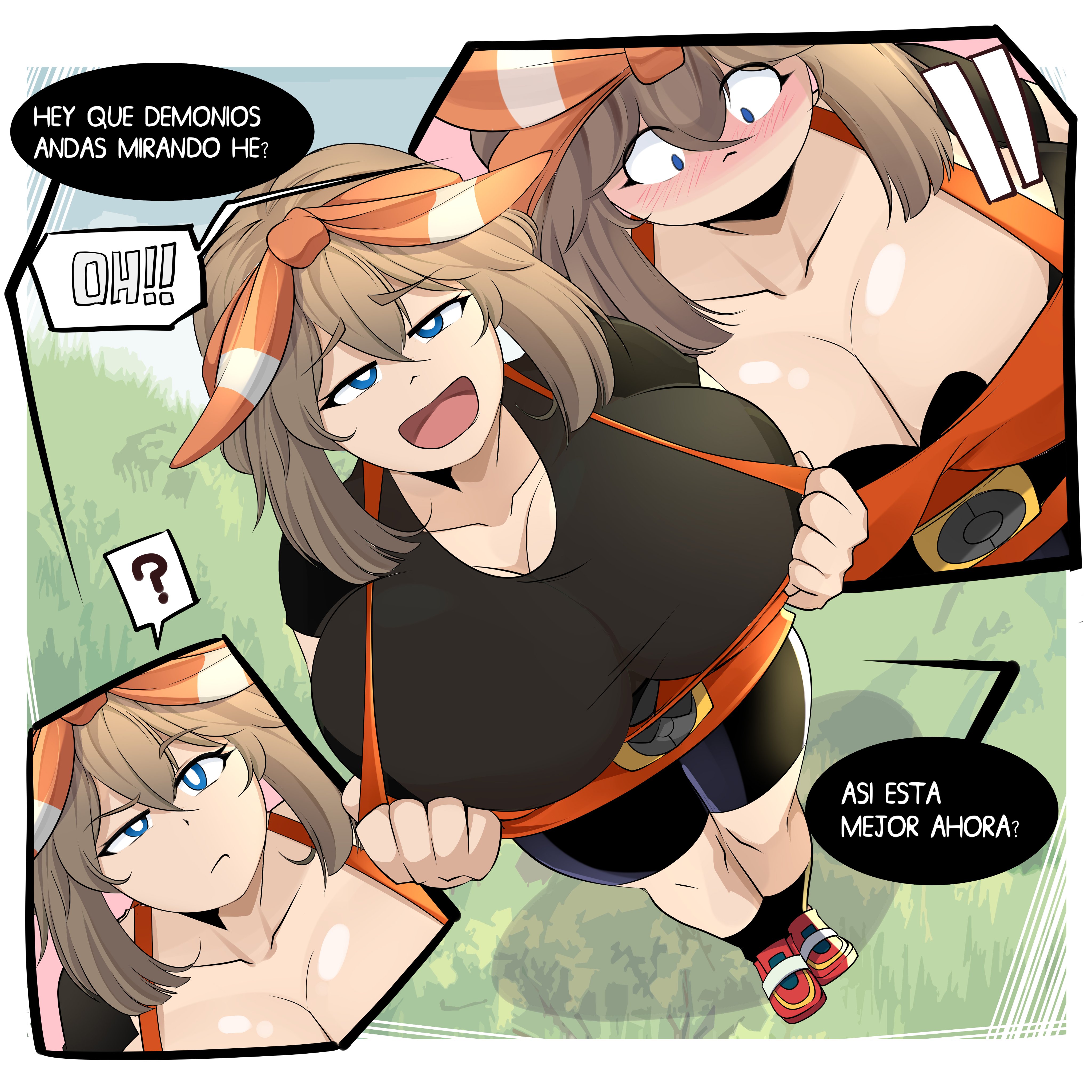 1girls, 2d, big breasts, blue eyes, blush, breasts, brown hair, cleavage, clothed, comicomryu, confused, confusion, curvaceous, curvy, curvy body, curvy female, curvy figure, fanart, female, female only, grass, high resolution, huge breasts, large breasts, looking at viewer, looking up, may (pokemon oras), may (pokemon), pokemon, pokemon oras, ryumxr, short hair, spanish text, text, text bubble, thick thighs, thighs, voluptuous, voluptuous female, wide hips