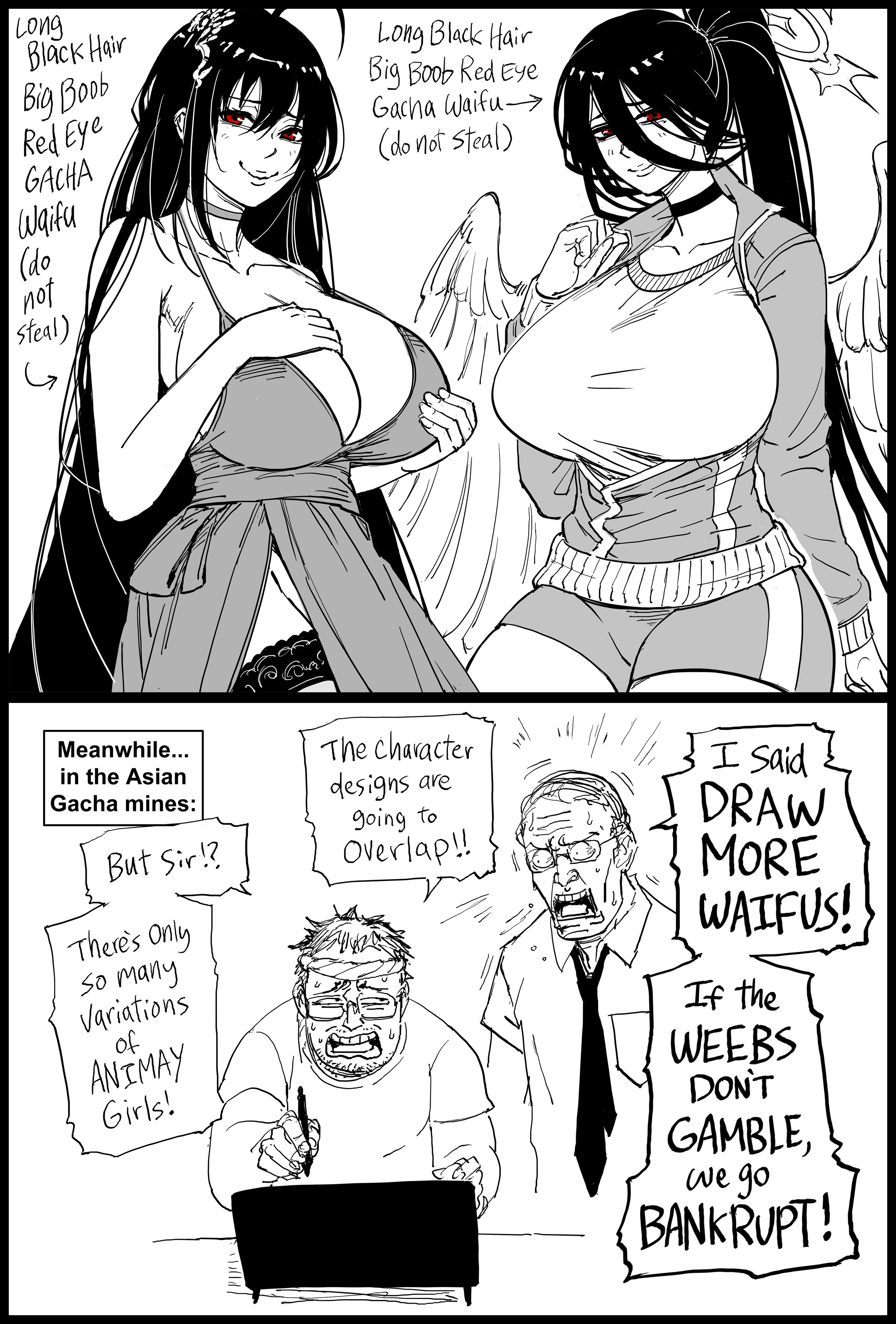 2girls, absurd res, azur lane, bb (baalbuddy), big breasts, black and white, black hair, blue archive, breasts, choker, dialogue, english text, feathered wings, female, funny, hasumi (blue archive), hasumi (gym uniform) (blue archive), light blush, long hair, looking at viewer, red eyes, smiling, smiling at viewer, speech bubble, taihou (azur lane), two panel image, white background, wings