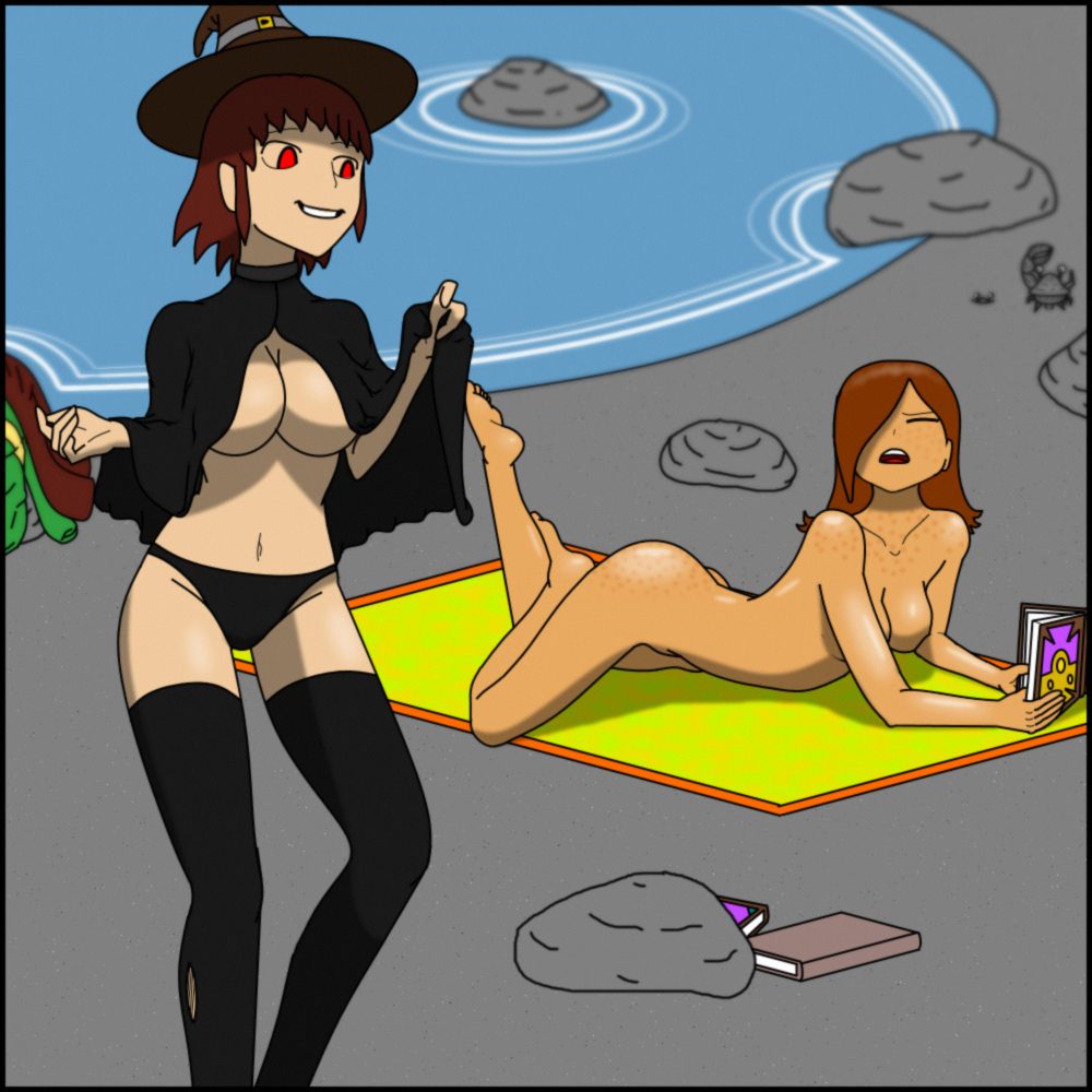 2girls beach brown_hair chara closed_eyes female female_only frisk multiple_girls panties red_eyes red_hair smile stockings talonout towel undertale undertale_(series) undertale_of_deponia witch_hat