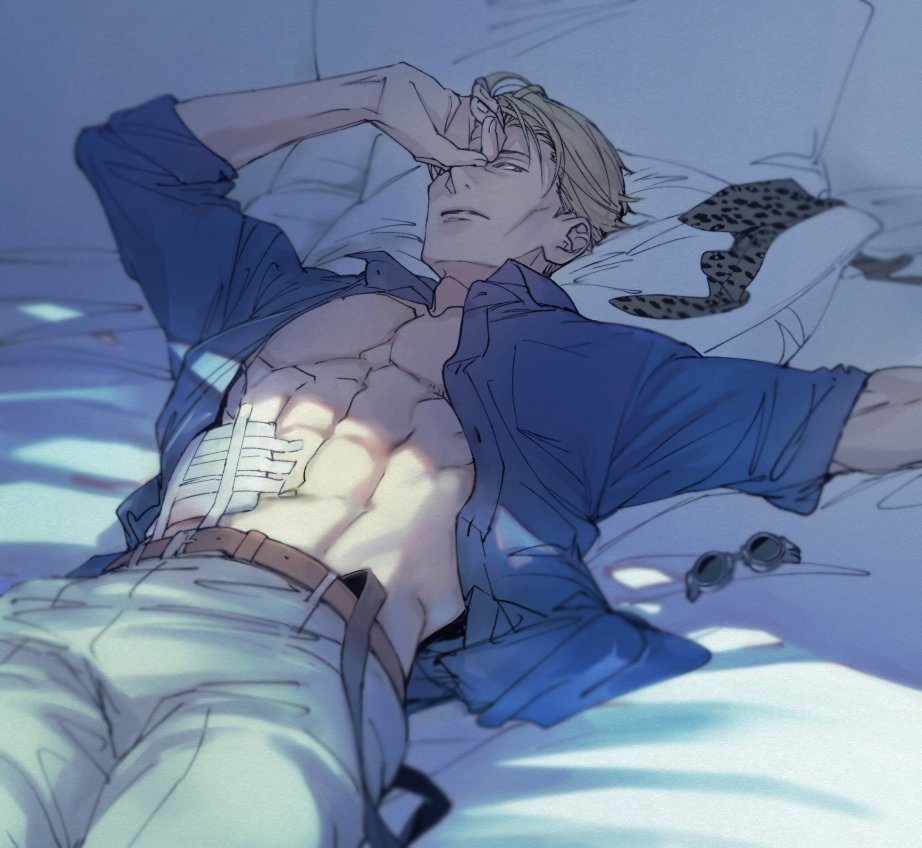 1boy, abs, blonde hair, dress shirt, hikonom, injury, jujutsu kaisen, kento nanami, light skin, light-skinned male, looking at viewer, lying, male, male only, muscular, muscular male, obliques, on back, on bed, open clothes, open shirt, pecs, pectorals, six pack, toned, toned male, undressed
