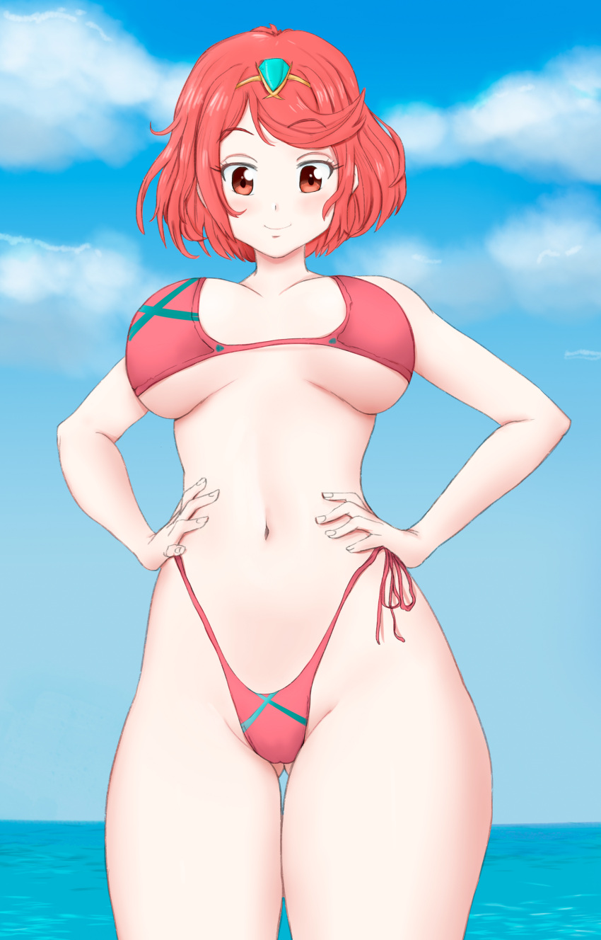 1girls beach bikini breasts chronosth1 clouds gummslime hand_on_hip highleg highleg_bikini highleg_swimsuit large_breasts looking_at_viewer midriff navel nintendo ocean outside pyra red_bikini red_eyes red_hair red_swimsuit short_hair side-tie_bikini side-tie_swimsuit sky swimsuit tiara water xenoblade_(series) xenoblade_chronicles_2