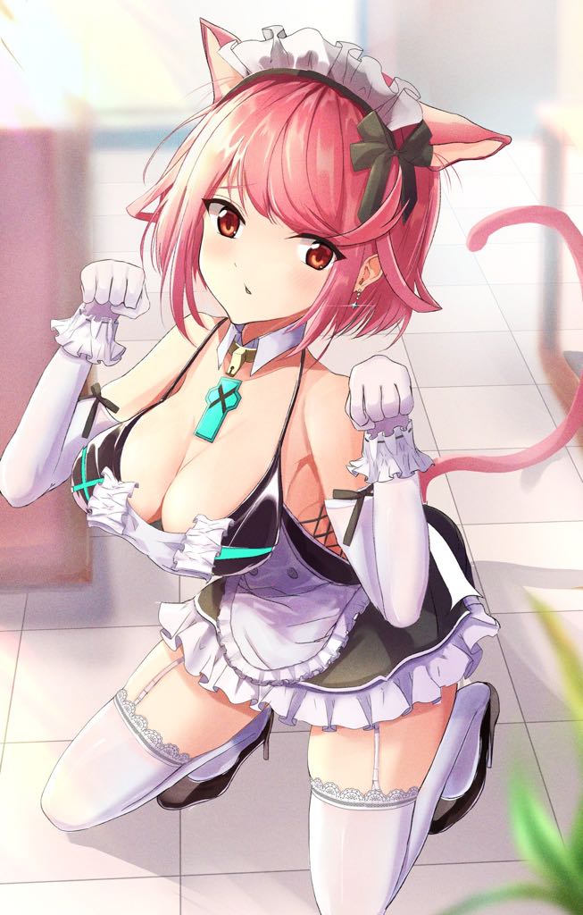 1girls apron breasts cat_ears cat_tail catgirl core_crystal detached_collar earrings elbow_gloves garter_straps gloves high_heels karuushi kneeling large_breasts light-skinned_female looking_at_viewer maid maid_apron maid_headdress maid_uniform nintendo pale-skinned_female paw_pose pyra red_eyes red_hair short_hair solo solo_female thighhighs tile_floor xenoblade_(series) xenoblade_chronicles_2