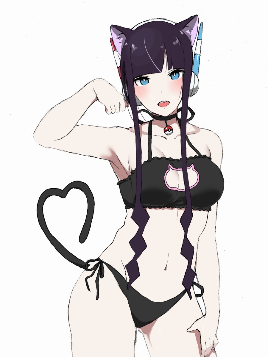 1girls bell bell_choker black_bra black_hair black_lingerie black_panties blue_eyes bra breasts cat_bell cat_ears cat_keyhole_bra cat_keyhole_lingerie cat_lingerie cat_tail choker cleavage_cutout elesa_(pokemon) fake_animal_ears fake_tail headphones large_breasts lingerie long_hair looking_at_viewer nintendo nishikino_kee panties pokeball pokemon pokemon_bw pokemon_bw2 side-tie_panties solo