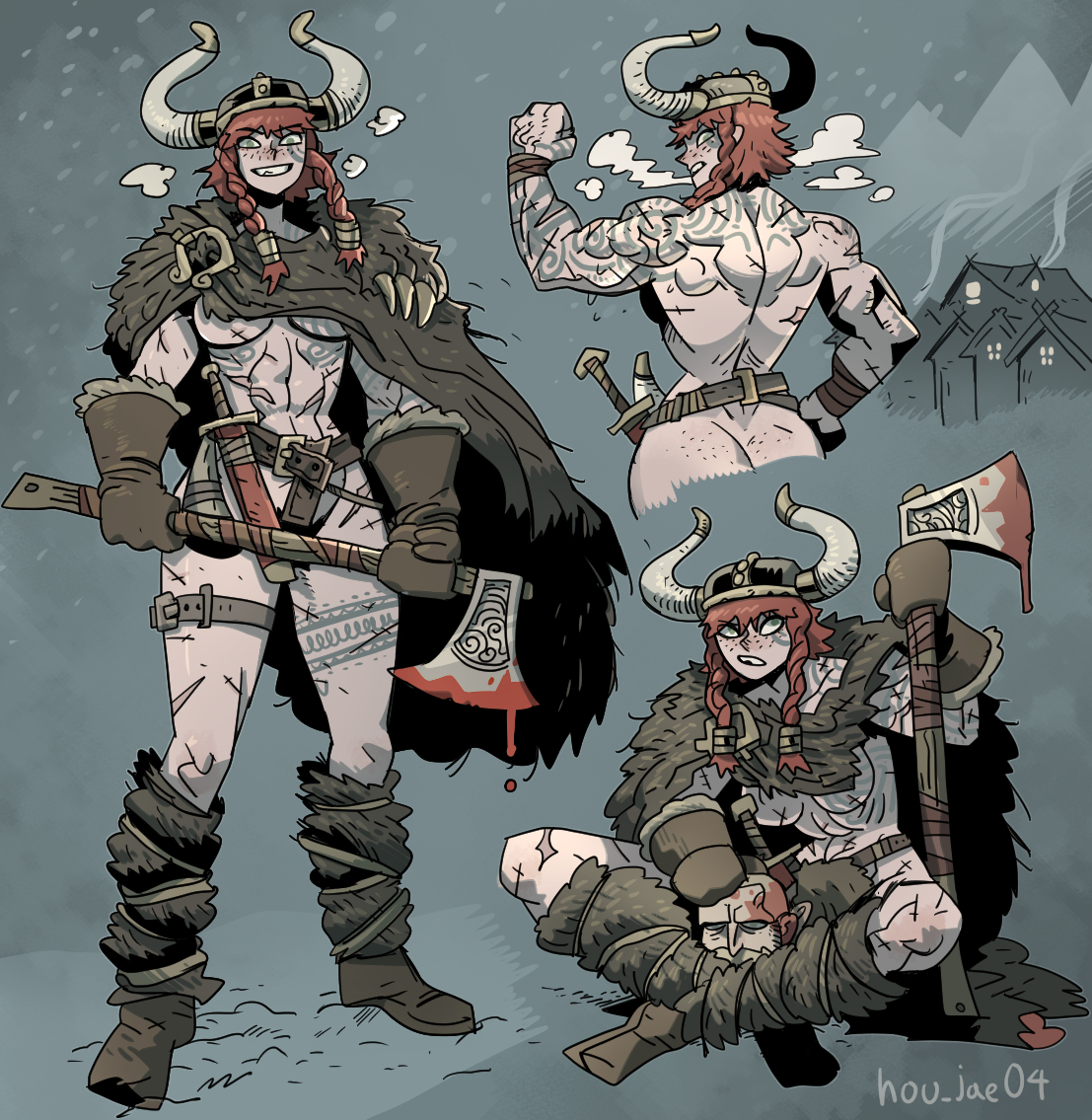 ass, axe, barbarian, breasts, female, freckles, hou jae (artist), muscular, muscular female, orange hair, red hair, tattoo, tattoos, viking, warrior