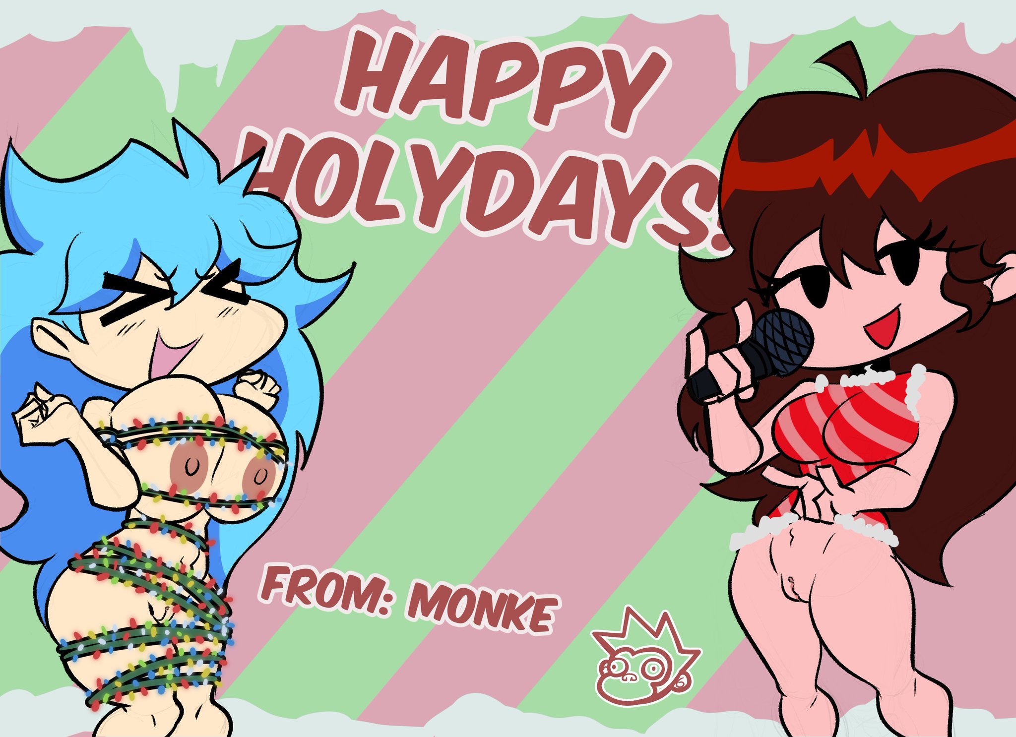 2girls, big breasts, breasts, christmas, clothing, exposed pussy, female, female only, friday night funkin, friday night funkin mod, girlfriend (friday night funkin), multiple females, multiple girls, pussy, simple background, sky (friday night funkin), skyblue, skyverse