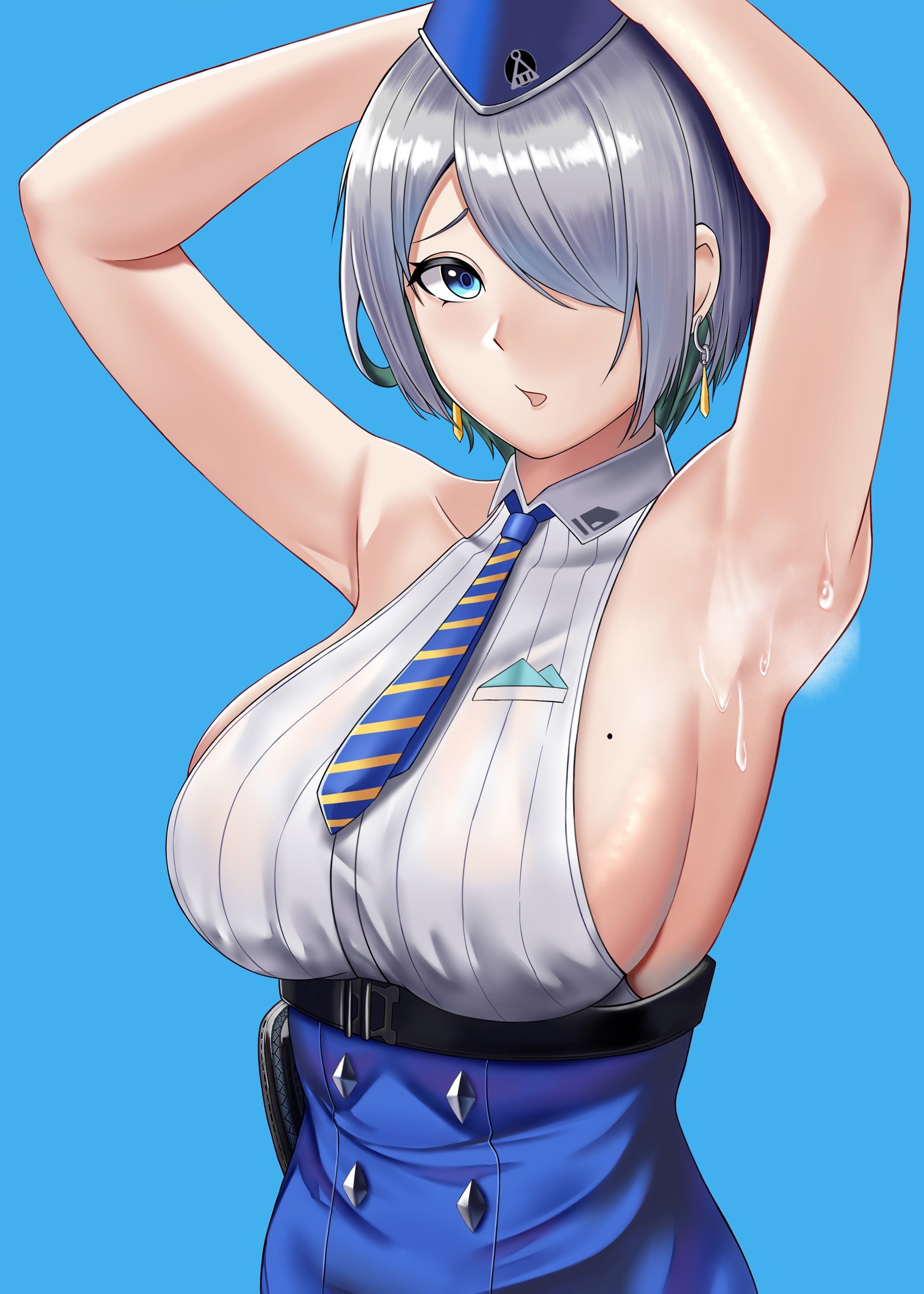 armpits, arms up, breasts, breasts bigger than head, brid (nikke), female, goddess of victory: nikke, large breasts, short hair, sideboob