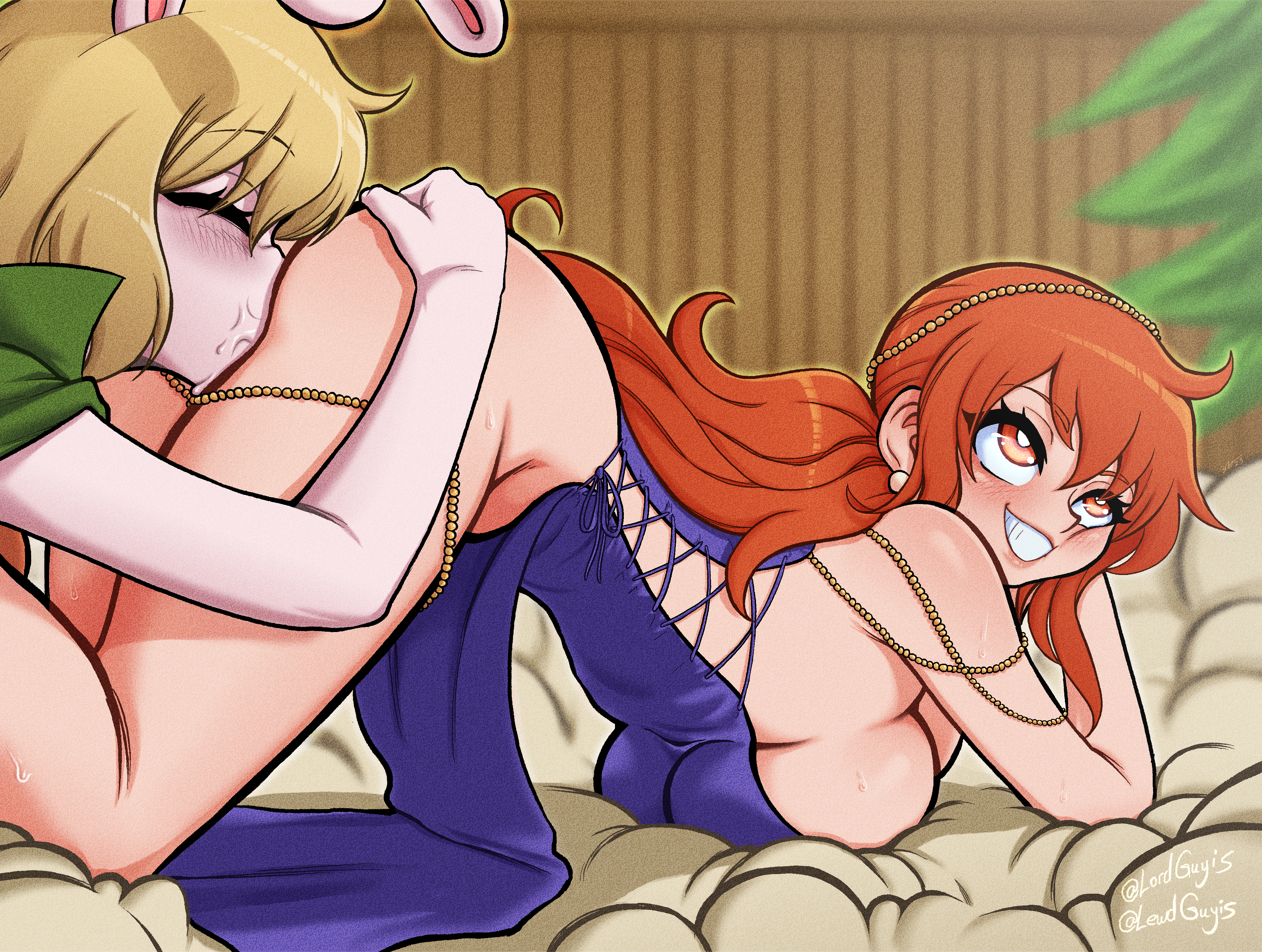 2girls, ass, ass grab, ass up, big breasts, blonde hair, blonde-haired female, breasts, bunny ears, bunny girl, carrot (one piece), cunnilingus, dress, eyes rolling back, face down ass up, face in ass, female, female only, huge breasts, large breasts, long hair, looking pleasured, lordguyis, multiple females, multiple girls, nami (one piece), nami (one piece) (zou), no panties, one piece, one piece: zou arc, orange eyes, orange hair, orange-haired female, post-timeskip, purple dress, pussy, pussy juice, pussy peek, rabbit, rabbit ears, rabbit girl, rabbit humanoid, sideboob, smile, thick thighs, thighs, yuri