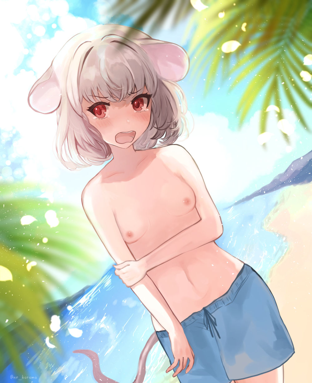 1girls alternate_costume animal_ears bangs beach blue_sky blue_swim_trunks blush breasts chidori_nekoro cloud commentary_request cowboy_shot day dutch_angle female female_only fisheye floppy_ears grey_hair hand_on_own_arm highres horizon looking_at_viewer male_swimwear_challenge mouse_ears mouse_girl mouse_tail nazrin nipples open_mouth outdoors palm_tree red_eyes short_hair sky small_breasts solo tail topless touhou tree water