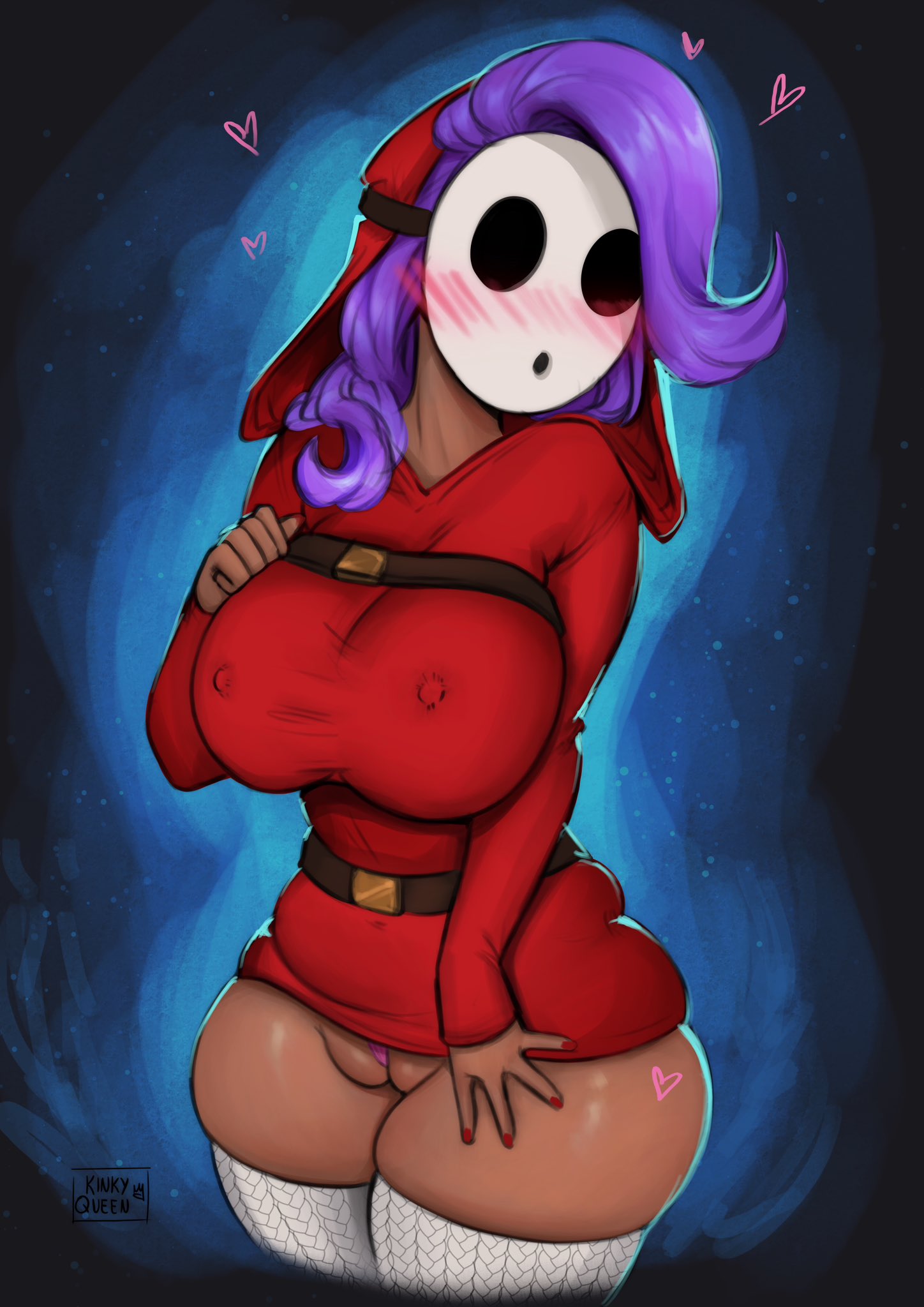 1girls, aura, big breasts, blush, breasts, dark skin, dark-skinned female, female, female only, heavy blush, hi res, hoodie, innie pussy, legwear, looking at viewer, mario (series), mask, my kinky queen, nintendo, nipple bulge, purple hair, pussy, pussy floss, shy gal, simple background, solo, standing, thick thighs, thigh squish, tight clothing, white legwear