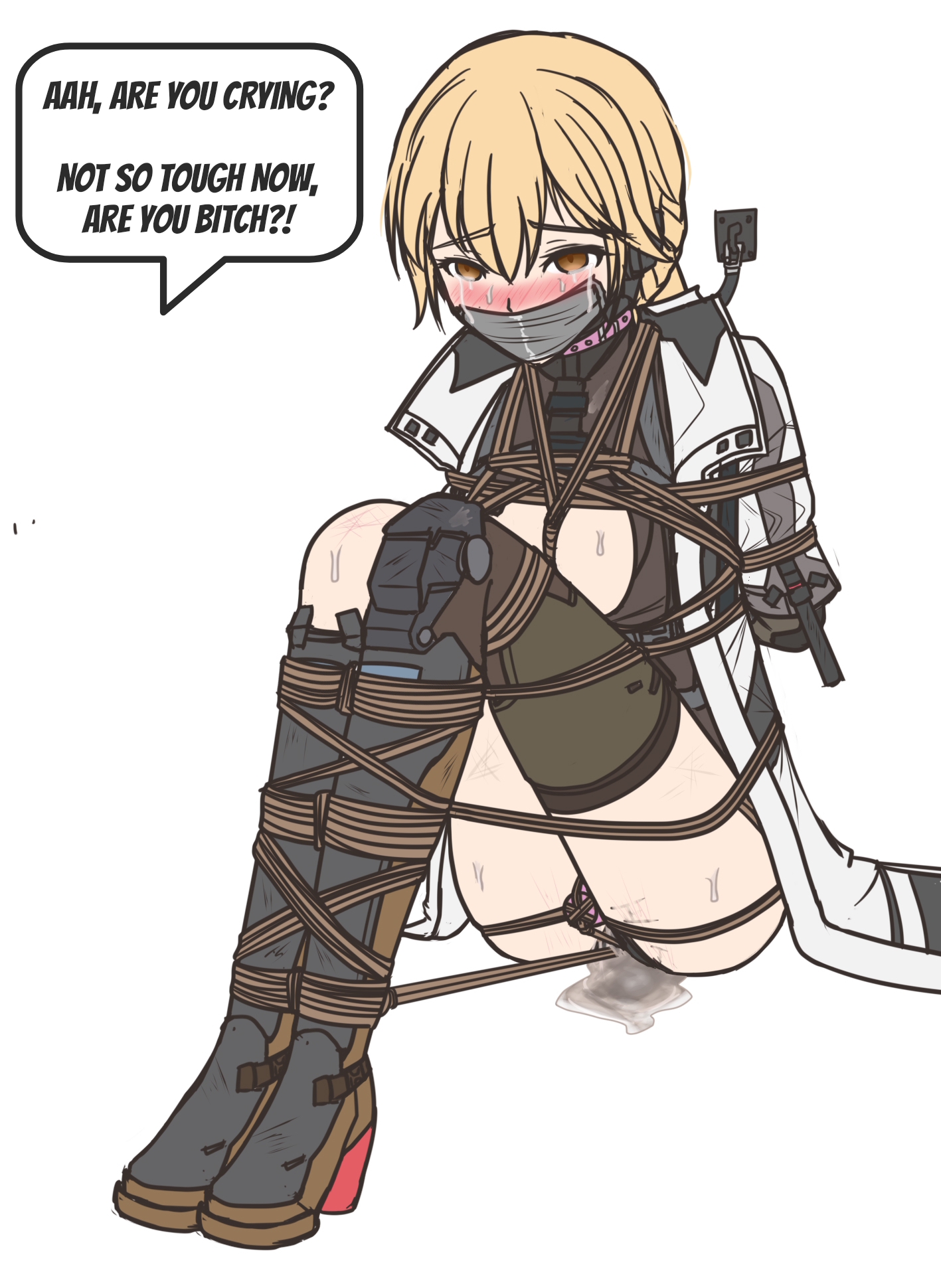 blonde hair, bondage, boots, captured, chained to wall, collar, crying, crying with eyes open, dog collar, fair skin, female, gag, gagged, girls' frontline, girls' frontline 2: exilium, groza (girls' frontline 2), helpless, military uniform, orange eyes, ots-14 (girls' frontline), puddle, pussy, rope, rope bondage, tape gag, taped mouth, text box, tied legs, tied up, vaginal juices, vibrator, vibrator in pussy