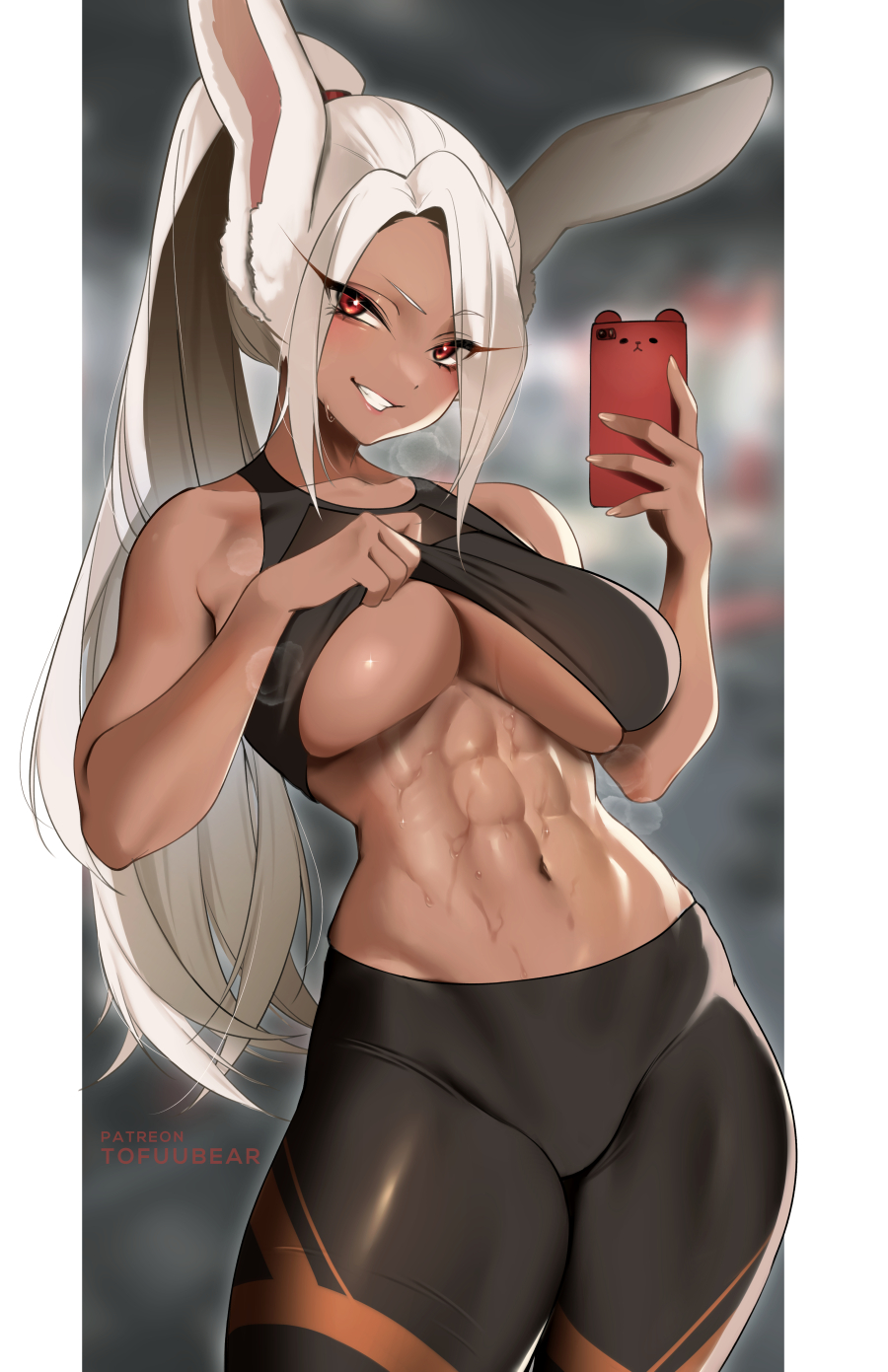 1girls abs breasts brown_skin dark-skinned_female dark_skin female fit fit_female huge_breasts indoors long_hair miruko my_hero_academia ponytail red_eyes rumi_usagiyama selfie sports_bra sportswear tofuubear white_hair