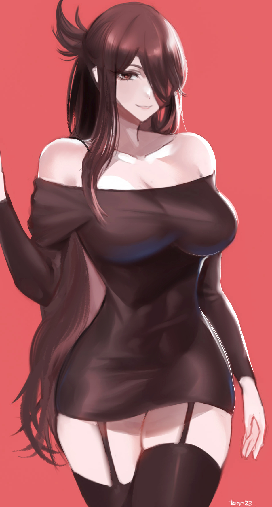 2023 bangs bare_shoulders beidou_(genshin_impact) black_dress black_thighhighs breasts brown_hair cleavage collarbone colored_eyepatch covered_navel dress eyepatch female garter_straps genshin_impact hair_over_one_eye highres large_breasts long_hair looking_at_viewer off-shoulder_dress off_shoulder one_eye_covered red_background red_eyes signature smile solo taut_clothes taut_dress thighhighs thighs tommietomm tommy_(kingdukeee)