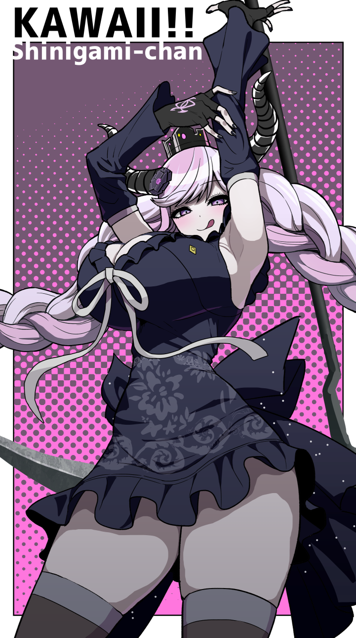 armpits black_bow black_nails curvy floral_print goth hair_ornament hand_on_own_arm horns huge_breasts looking_at_viewer master_detective_archives:_rain_code multicolored_hair pink_hair scythe shinigami_(rain_code) smile thick_thighs toba_kuti tongue_out voluptuous