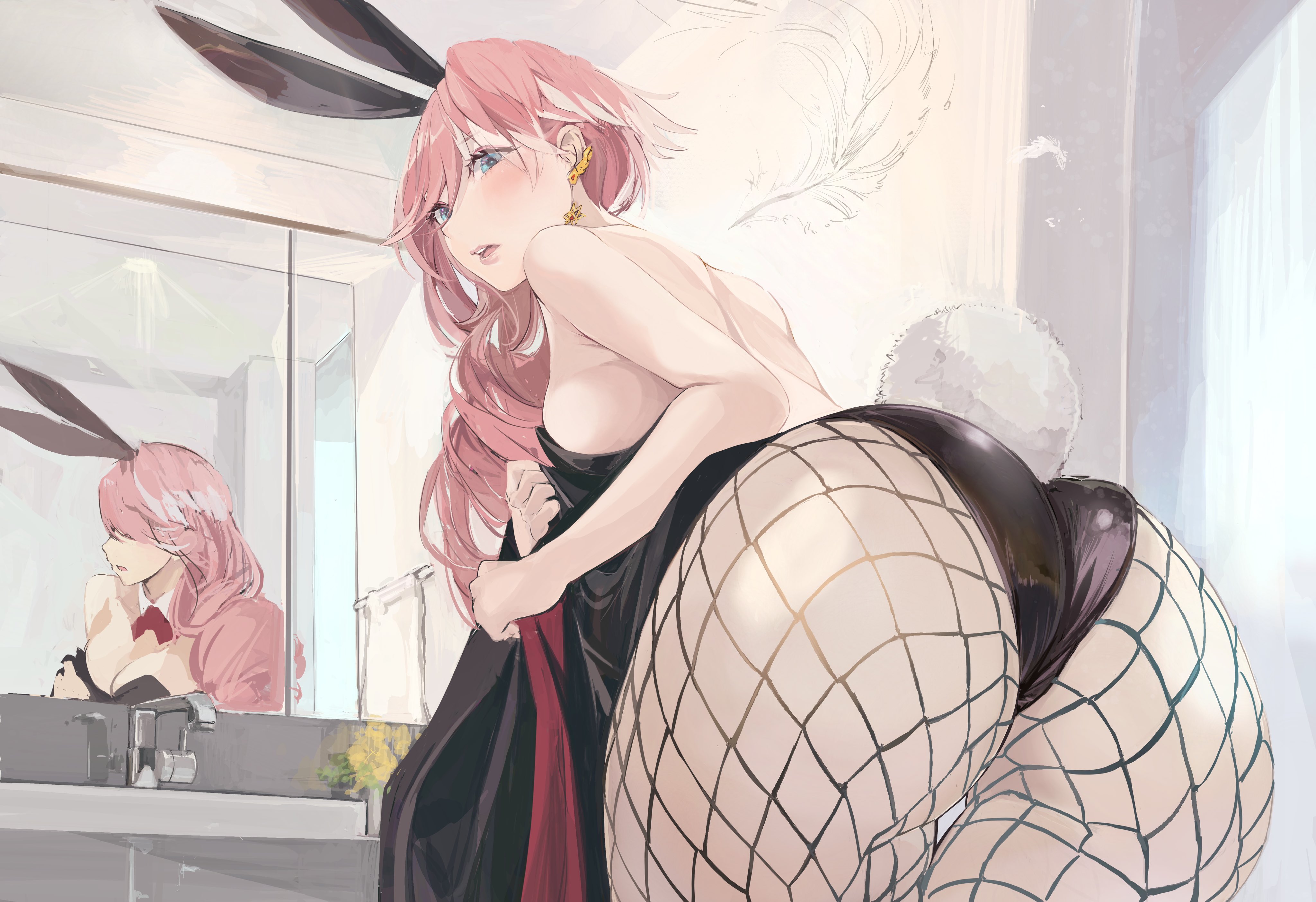 1girls, absurdres, animal ears, ass, ass focus, bareback, blue eyes, breasts, commentary, earrings, fake animal ears, female, fishnet pantyhose, fishnets, from behind, from below, head wings, highres, hololive, hololive japan, holox, jewelry, large breasts, light skin, light-skinned female, long hair, looking back, mirror, pantyhose, pink hair, playboy bunny, rabbit ears, rabbit tail, reflection, sink, solo, tail, takane lui, torn flipper, virtual youtuber
