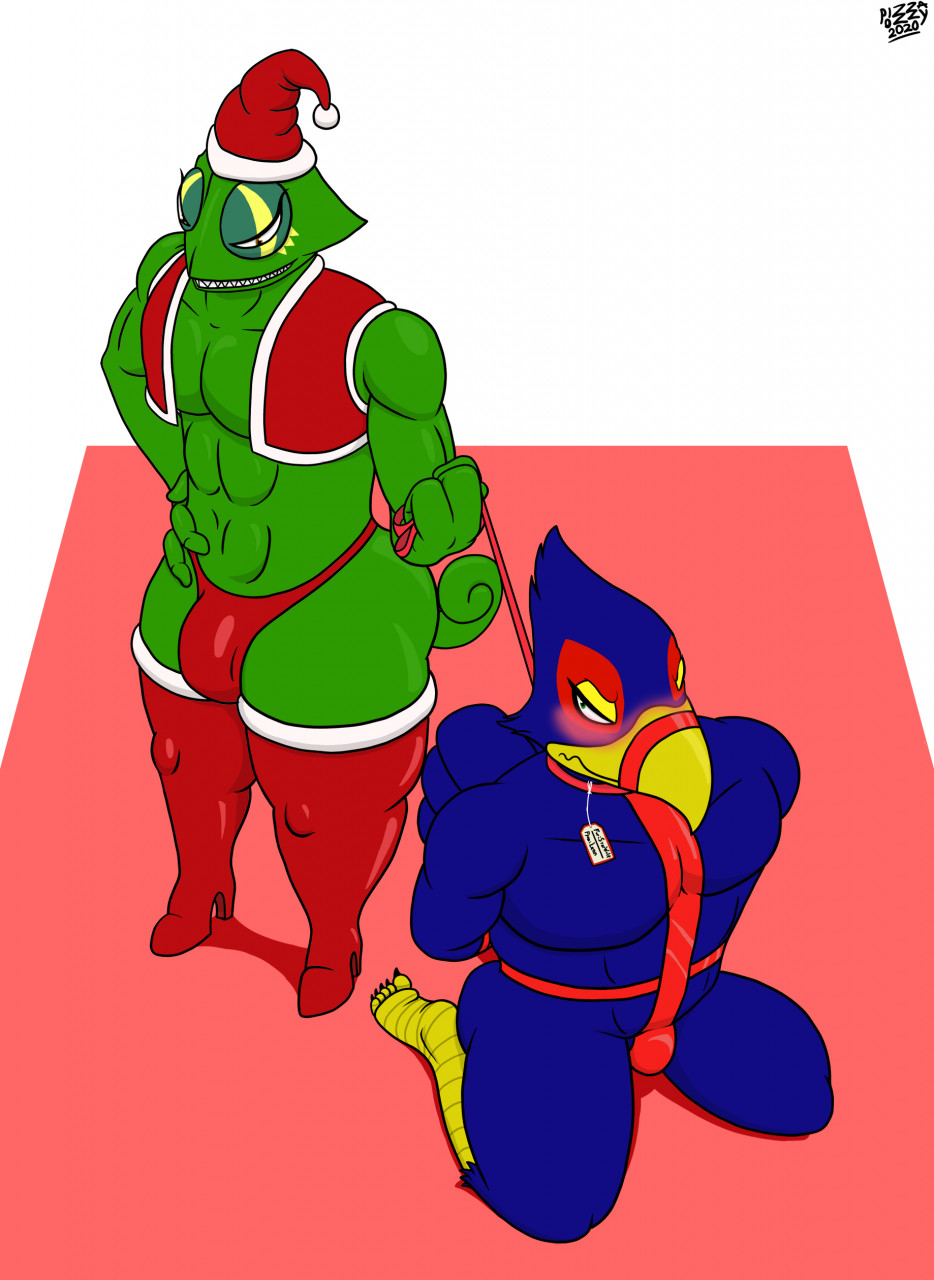 2boys abs annoyed anthro avian avian_humanoid blush bondage bound bulge captured christmas collar falco_lombardi furry_only gay holidays kneesocks leash leash_and_collar leon_powalski living_gift lizard lizard_humanoid looking_at_another male male_only penis_under_clothes pizzaozzy_(artist) protagonistsub_antagonistdom santa_hat scalie scalie_humanoid star_fox tag thick_thighs thighs thong worried wrapped yaoi