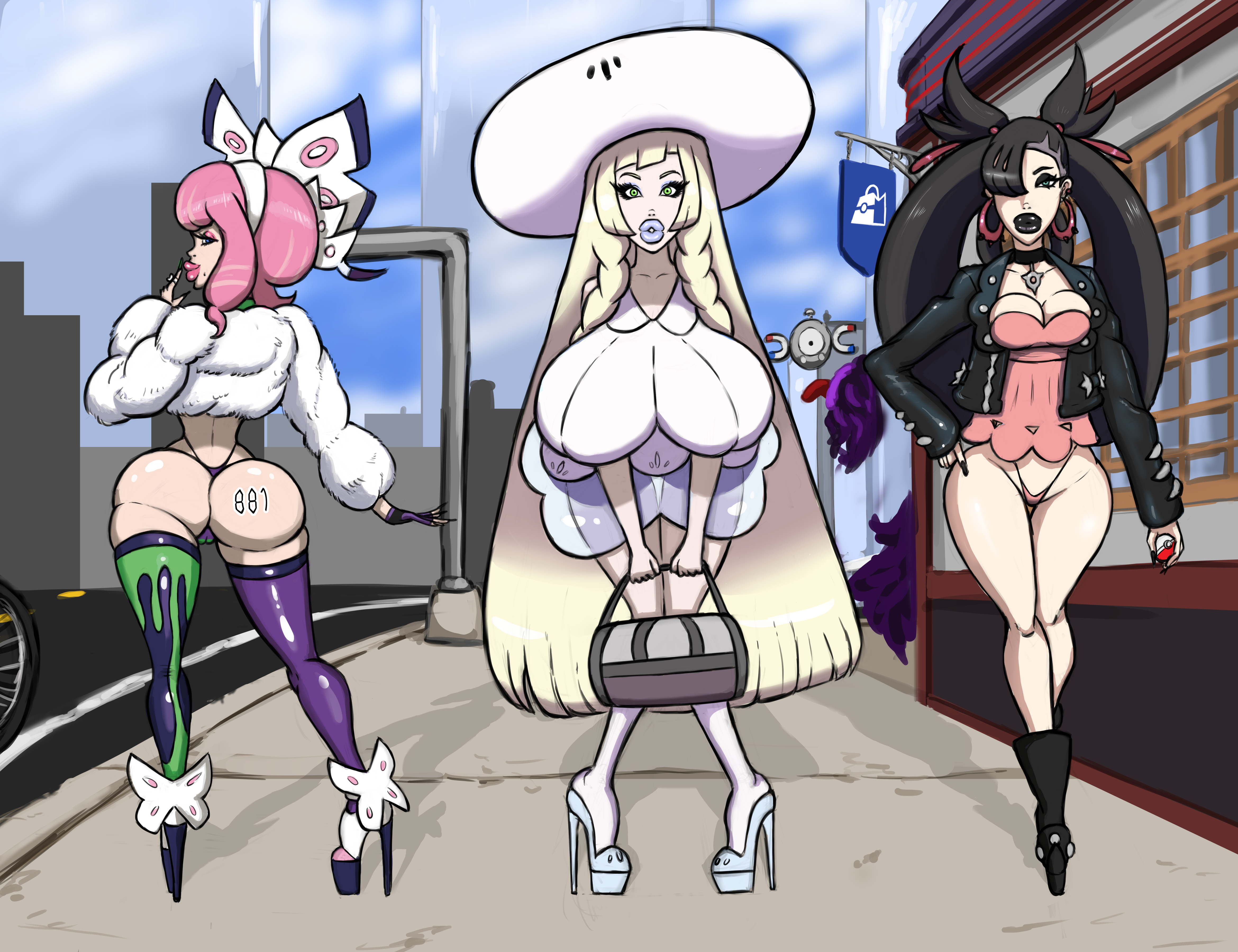 3girls, after transformation, alternate breast size, ass, ass expansion, bimbo, bimbo lips, bimbofication, bimbofied, black lipstick, blue lipstick, bradtanker3, brainwashing, breast expansion, breast growth, breast growth (enlargement), breasts, dark skin, dark-skinned female, female, female only, high heel boots, high heels, huge ass, huge breasts, hypnosis, implied transformation, klara (pokemon), large breasts, lillie (pokemon), lip expansion, lipstick, marnie (pokemon), mind control, multiple females, multiple girls, pink lipstick, platform heels, pokemon, pokemon sm, pokemon ss, pokemon ss isle of armor, post-transformation, thick lips, thick thighs, thigh expansion, transformation